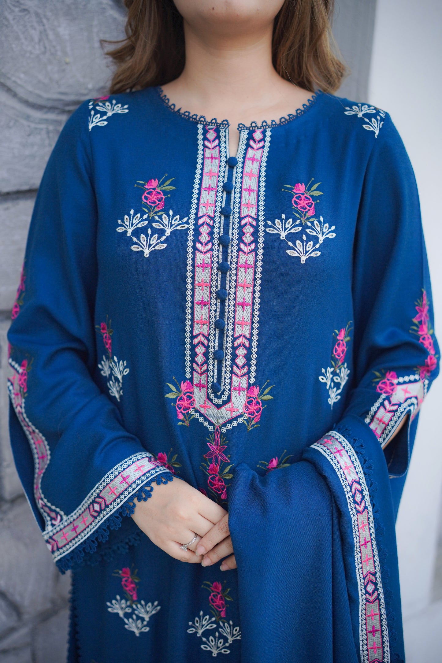 Rs 8000 Aneelas Stitched Peach Wool Emb Shirt Trouser 2pc [PL-11] [Dispatch Time 2 Months]