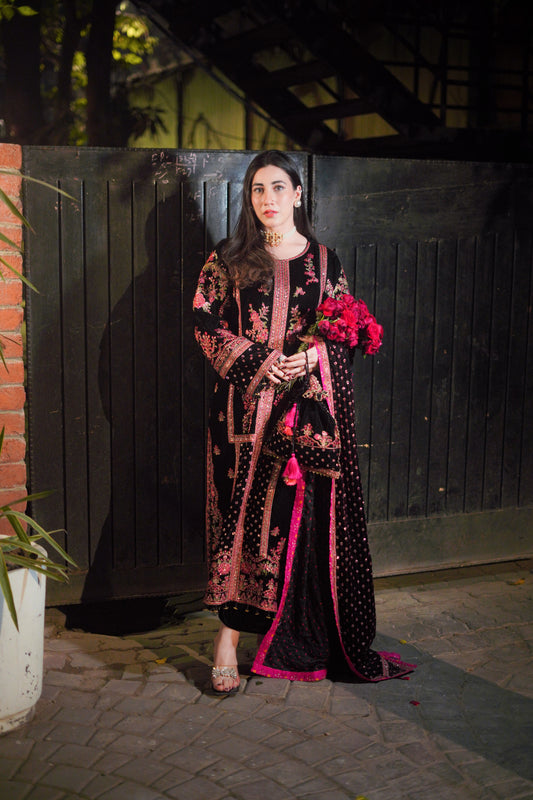 Rs 23500 Aneelas Stitched wedding velvet shirt velvet heavy shawl and velvet trouser [Dispatch Time 3 months]