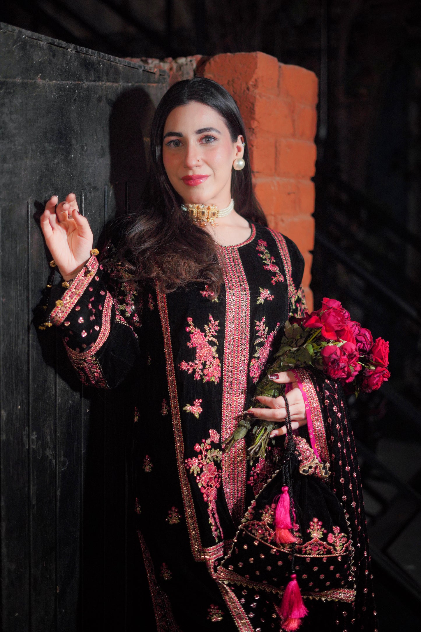 Aneelas Stitched wedding velvet shirt velvet heavy shawl and velvet trouser [Dispatch Time 3 months]