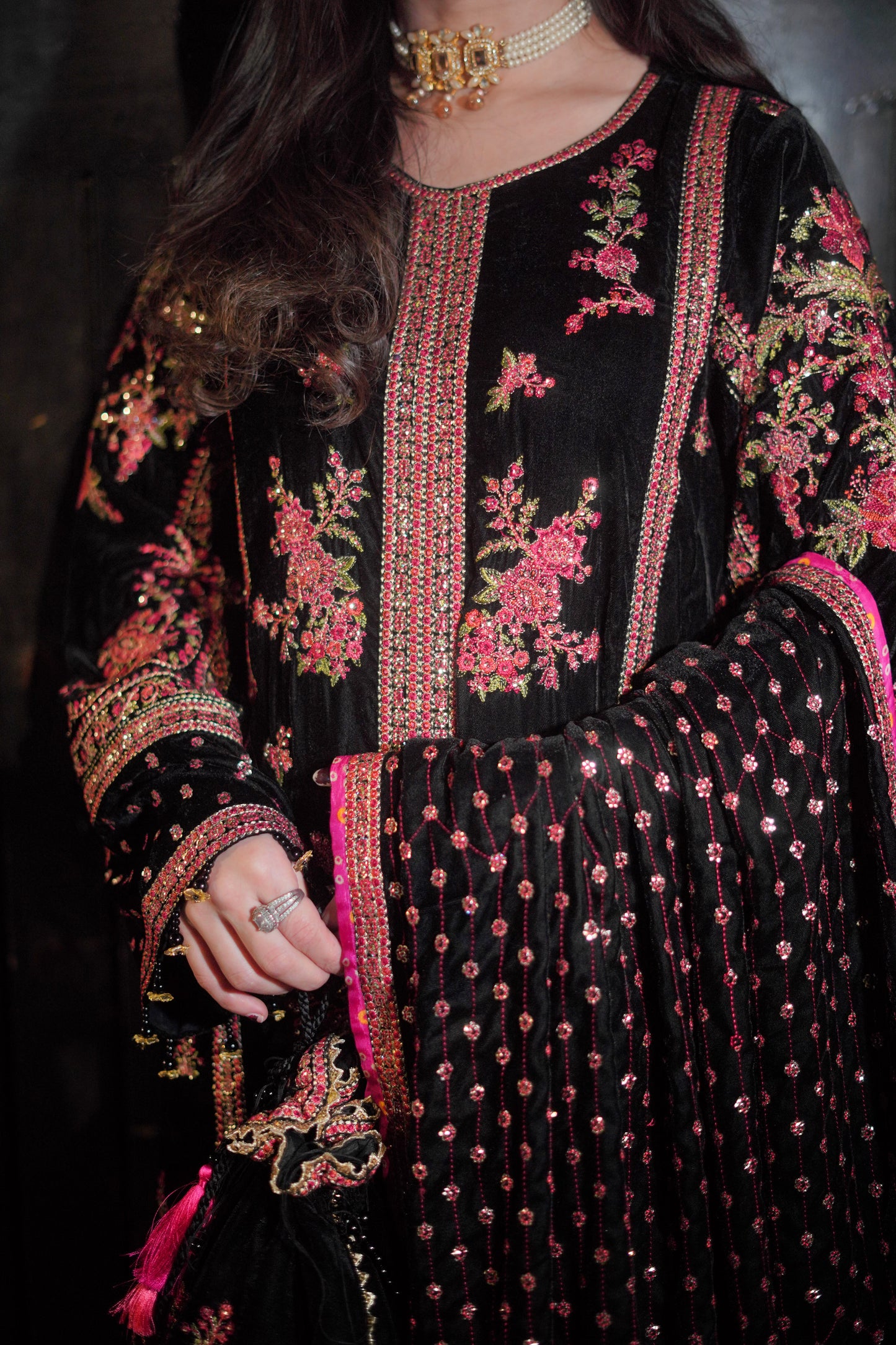 Aneelas Stitched wedding velvet shirt velvet heavy shawl and velvet trouser [Dispatch Time 3 months]
