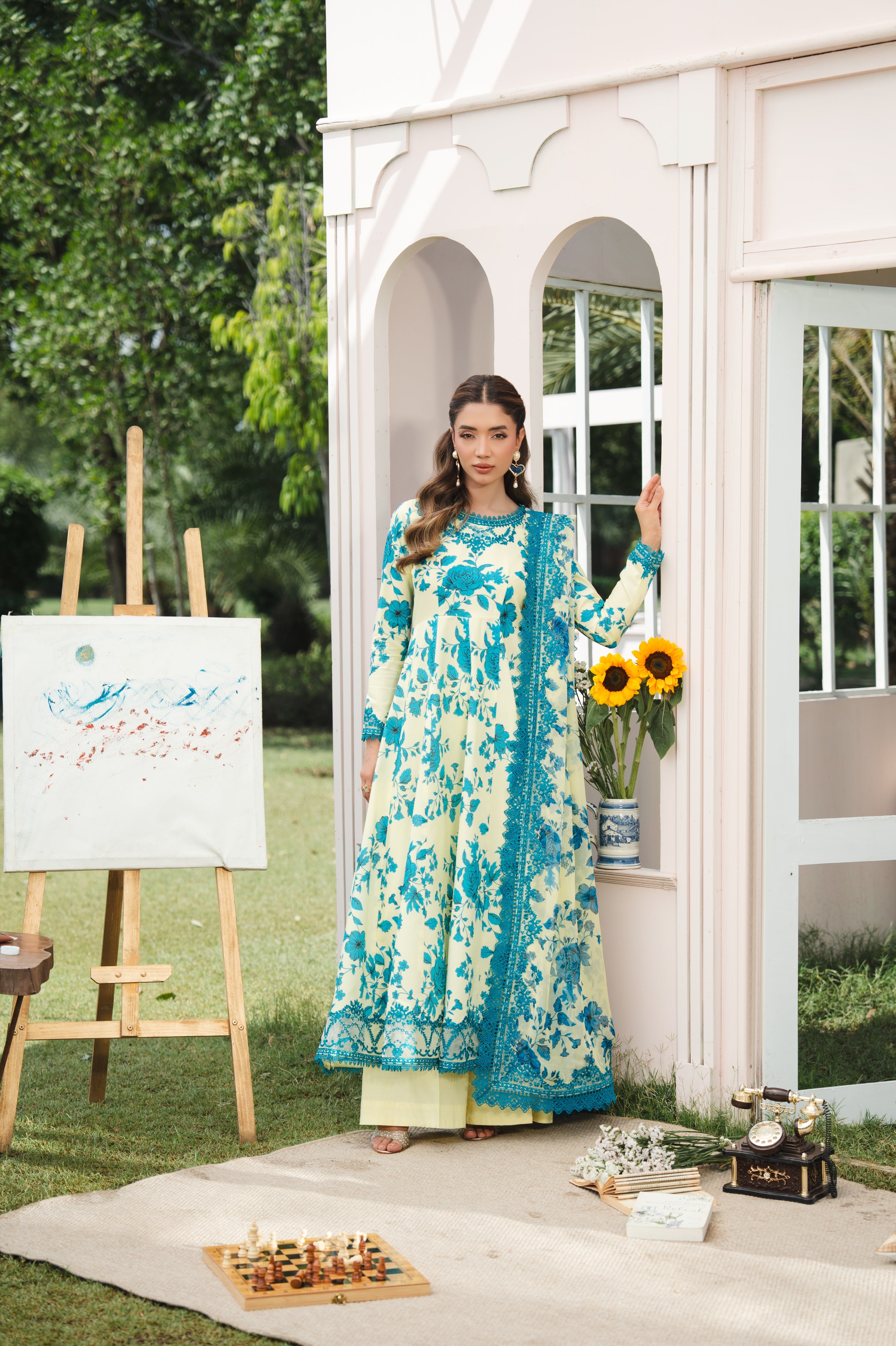 Rs 15950 Aneelas Stitched Lawn Print Emb Frock 3pc Chiffon Duppata [SPR-26-44-A] [Dispatch Time 2.5 Months]
