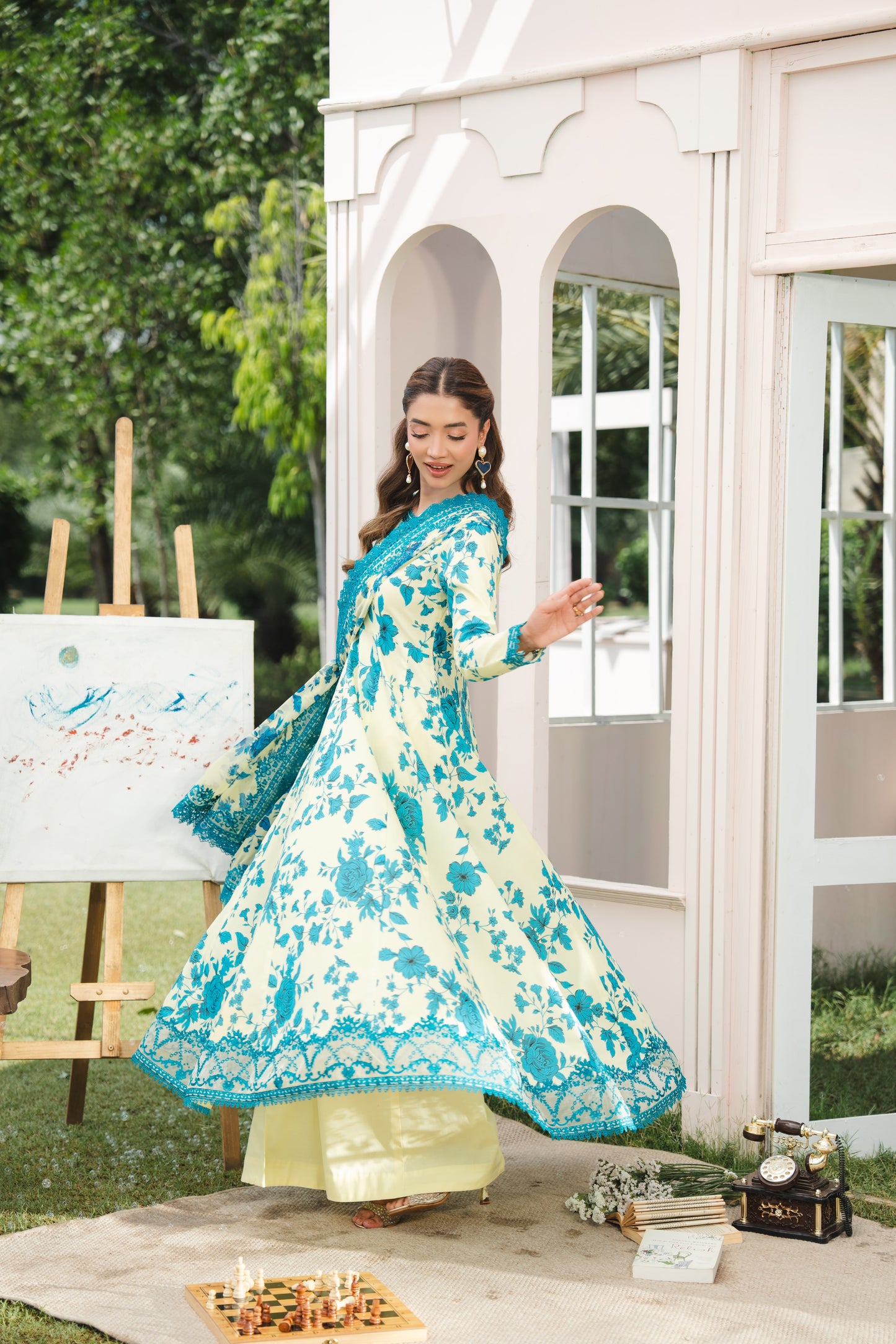 Rs 15950 Aneelas Stitched Lawn Print Emb Frock 3pc Chiffon Duppata [SPR-26-44-A] [Dispatch Time 2.5 Months]