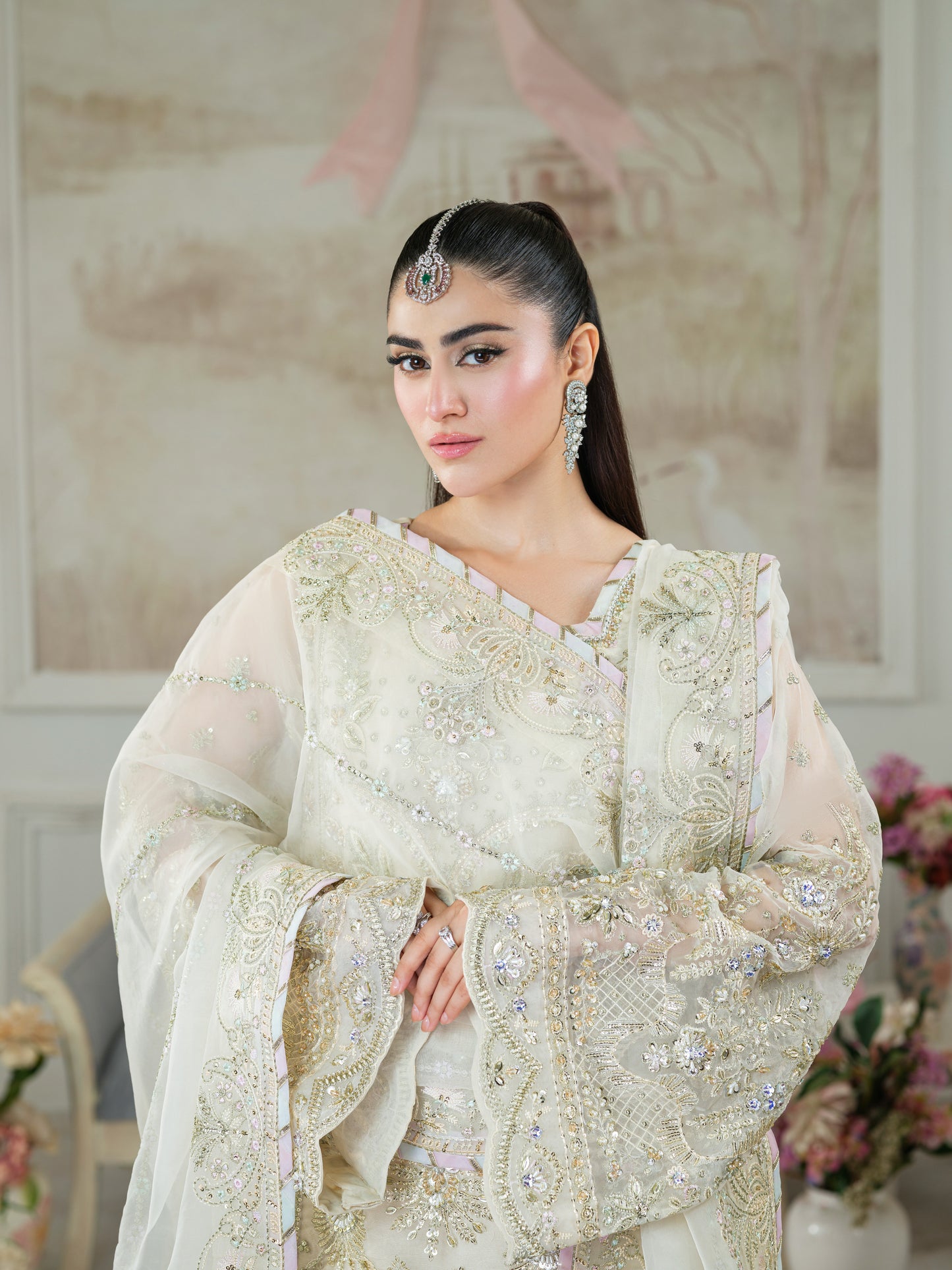 Aneelas Stitched Bridal Ada Work Organza Raw Silk Trouser 3pc [BR-09] [Dispatch Time 2 Months]