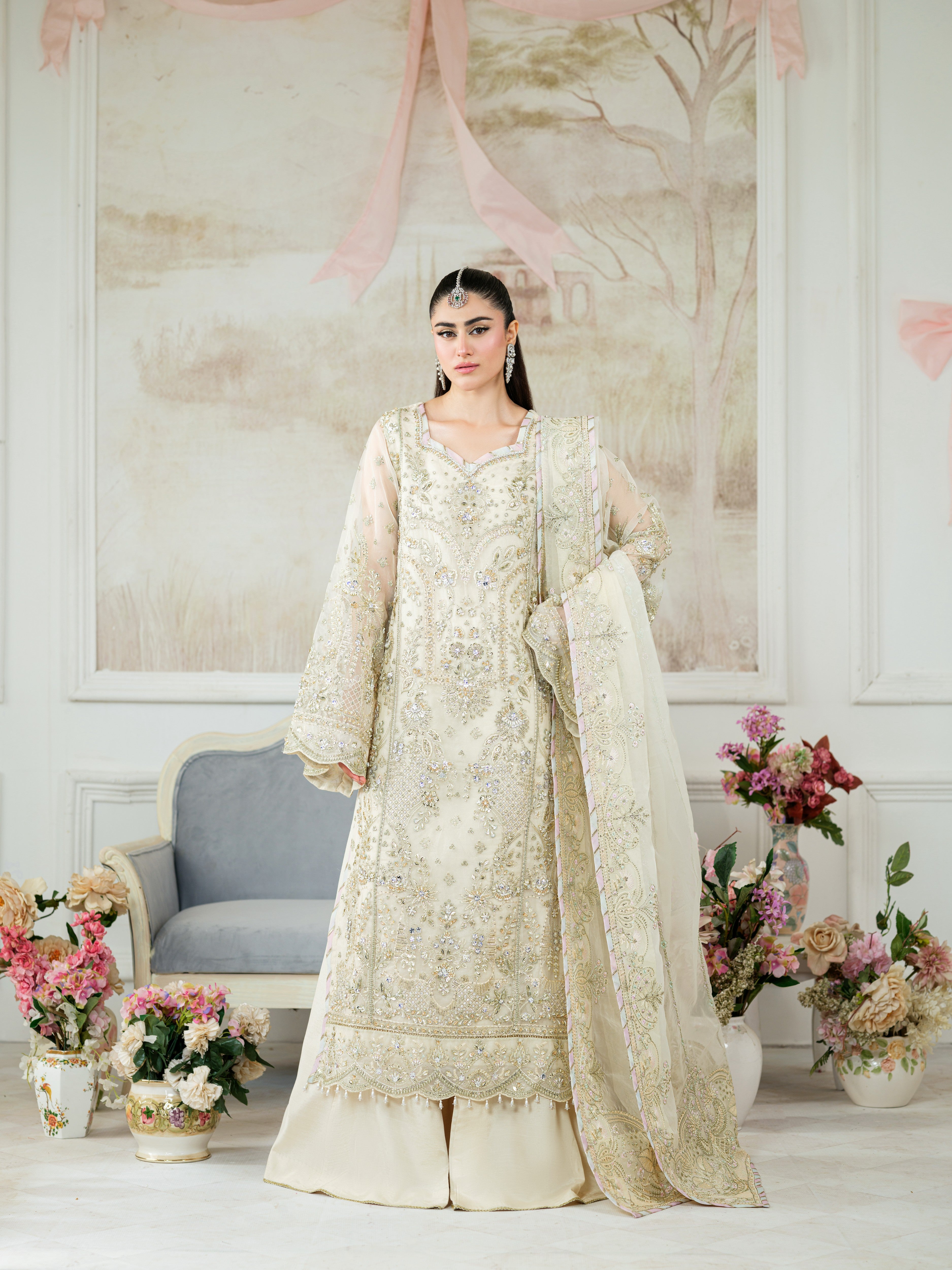 Rs 34500 Aneelas Stitched Bridal Ada Work Organza Raw Silk Trouser 3pc [BR-09] [Dispatch Time 2 Months]