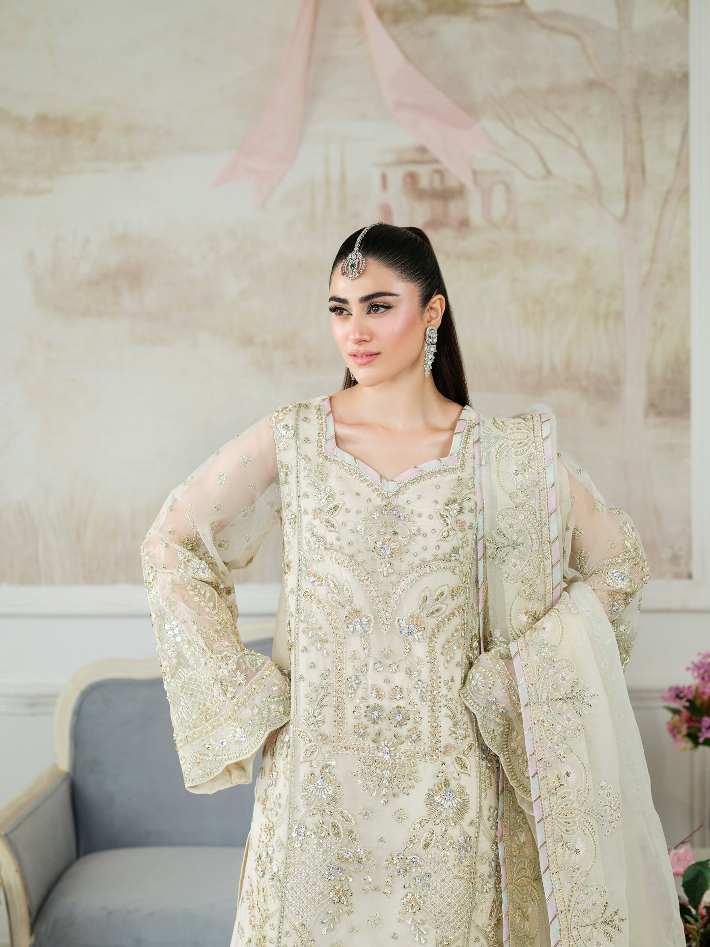 Aneelas Stitched Bridal Ada Work Organza Raw Silk Trouser 3pc [BR-09] [Dispatch Time 2 Months]