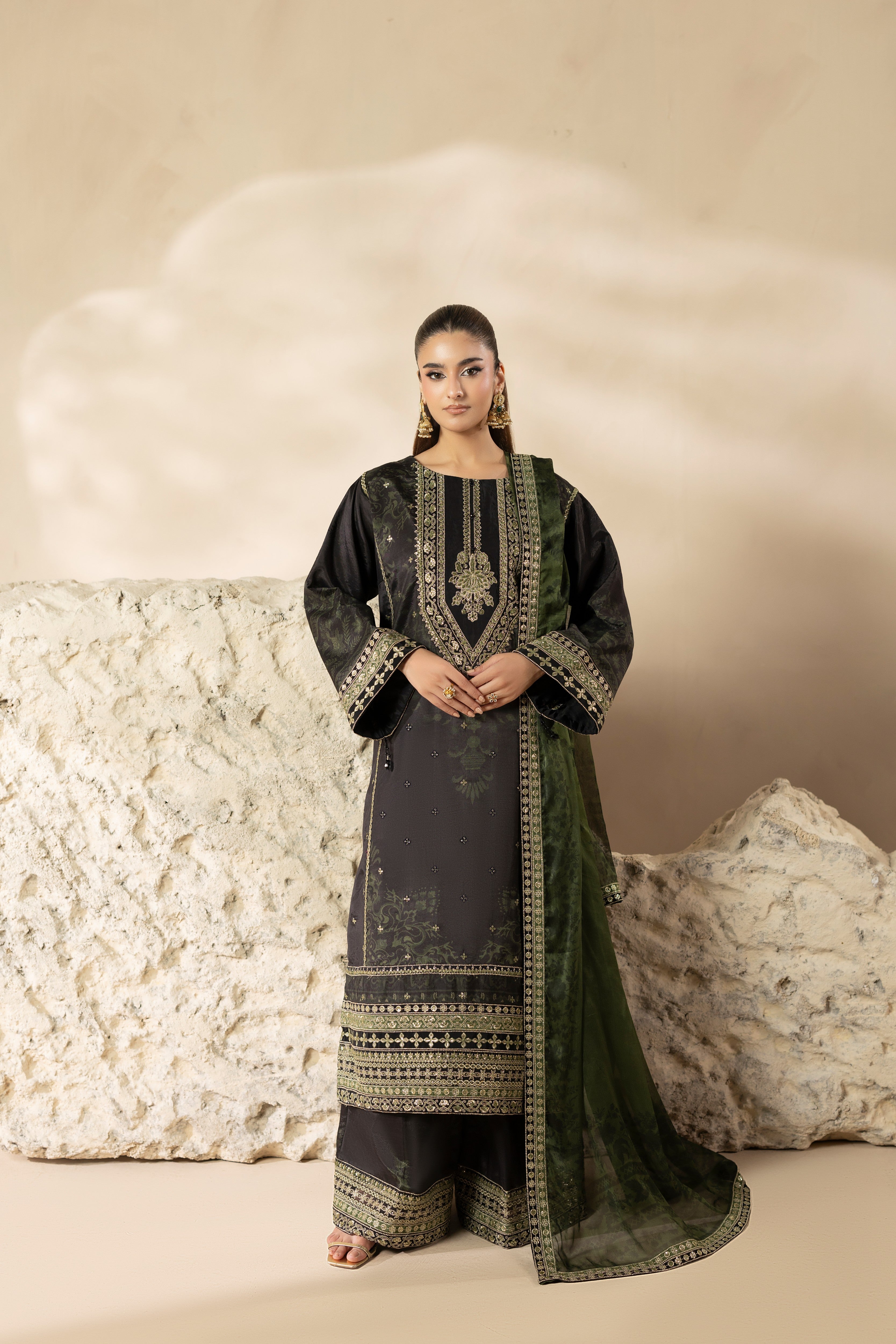 Aneelas Semi Formal Raw Silk Print Emb 3pc Emb Chiffon Duppata [FC-32] [Dispatch Time 2 Months]