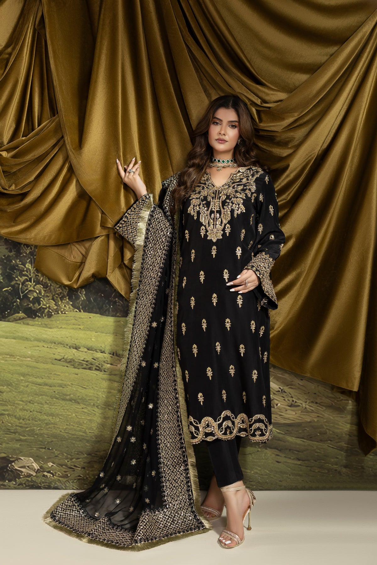Aneelas Korean Raw Silk Ada Work Emb 3pc Emb Duppata [FC-35] [Dispatch Time 2.5 Months]