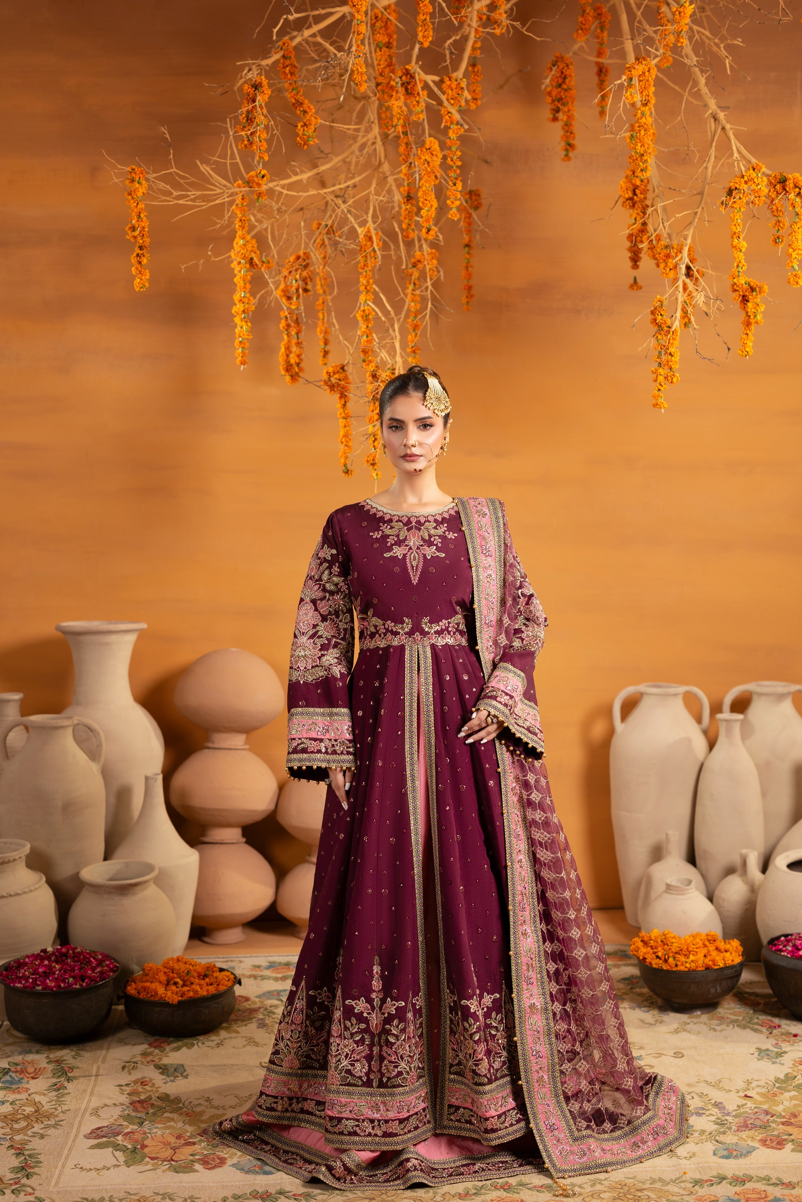 Aneelas Raw Silk Emb Slit Frock 3pc Net Duppata [FC-42] [Dispatch Time 2 Months]