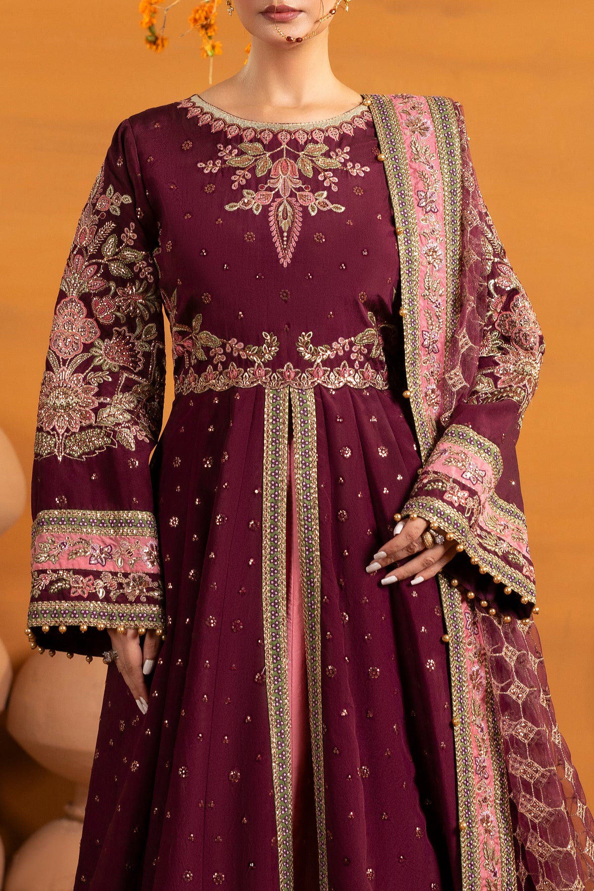 Aneelas Raw Silk Emb Slit Frock 3pc Net Duppata [FC-42] [Dispatch Time 2 Months]