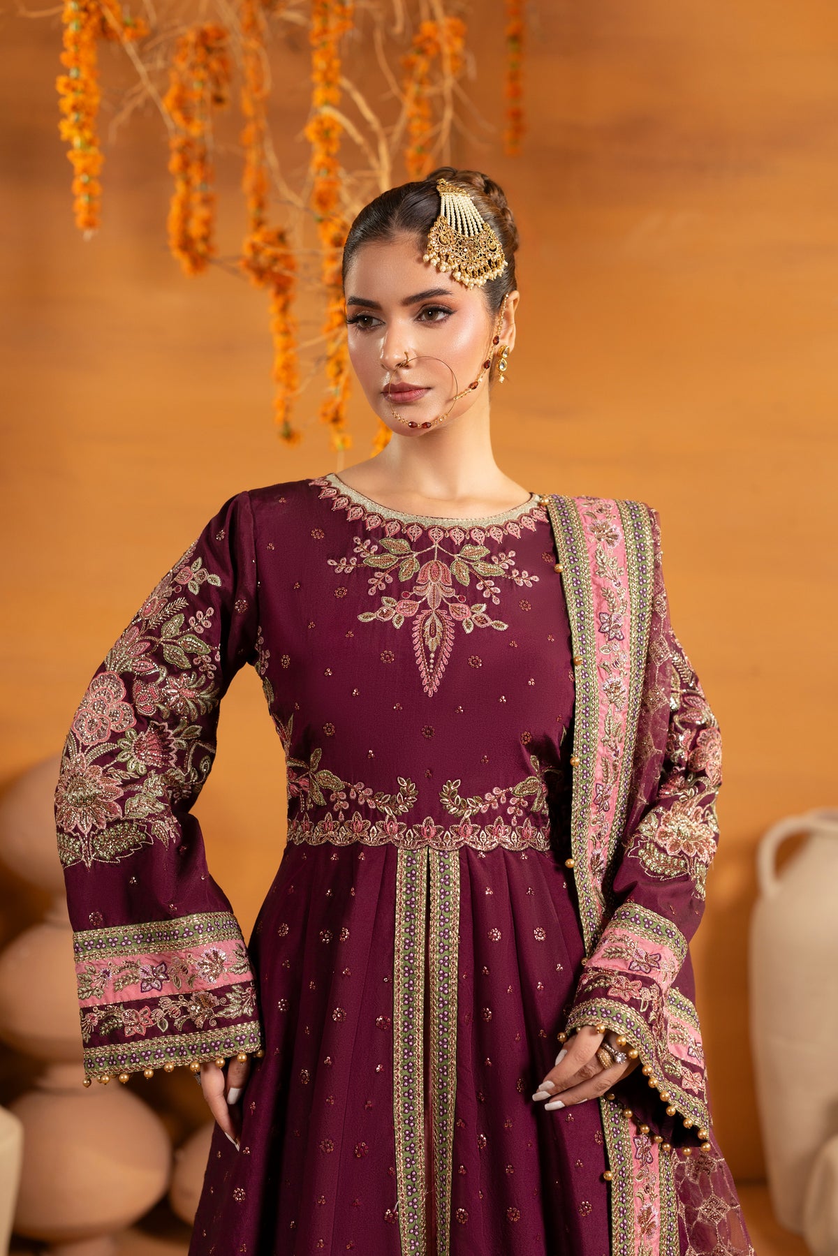 Aneelas Raw Silk Emb Slit Frock 3pc Net Duppata [FC-42] [Dispatch Time 2 Months]