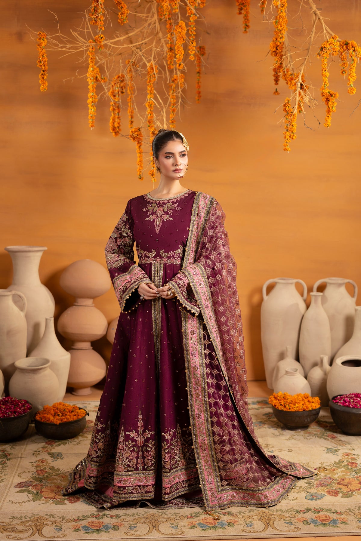 Aneelas Raw Silk Emb Slit Frock 3pc Net Duppata [FC-42] [Dispatch Time 2 Months]