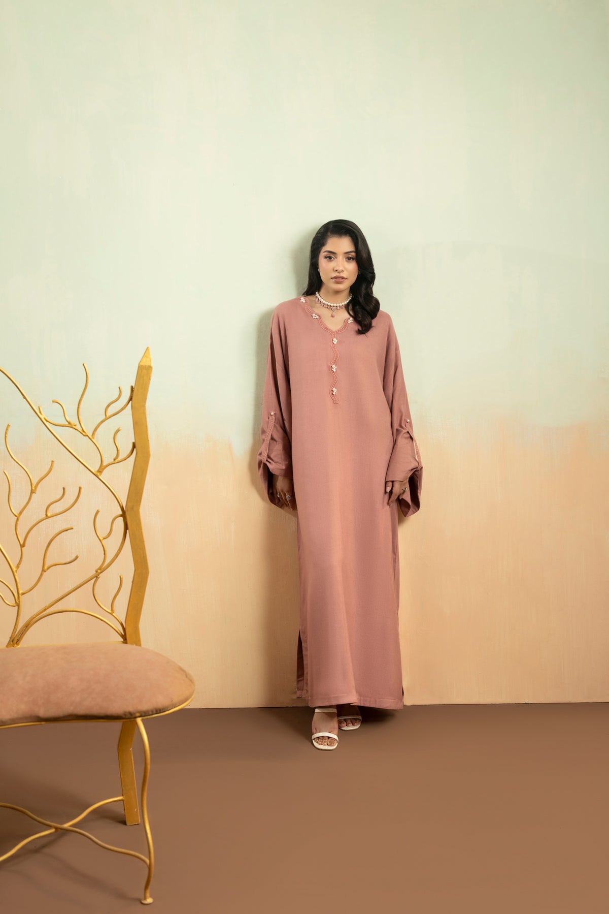 Aneelas Peach Wool Loose Fit Shirt Trouser 2pc [PL-26-06] [Est. Dispatch Time 2 Months]