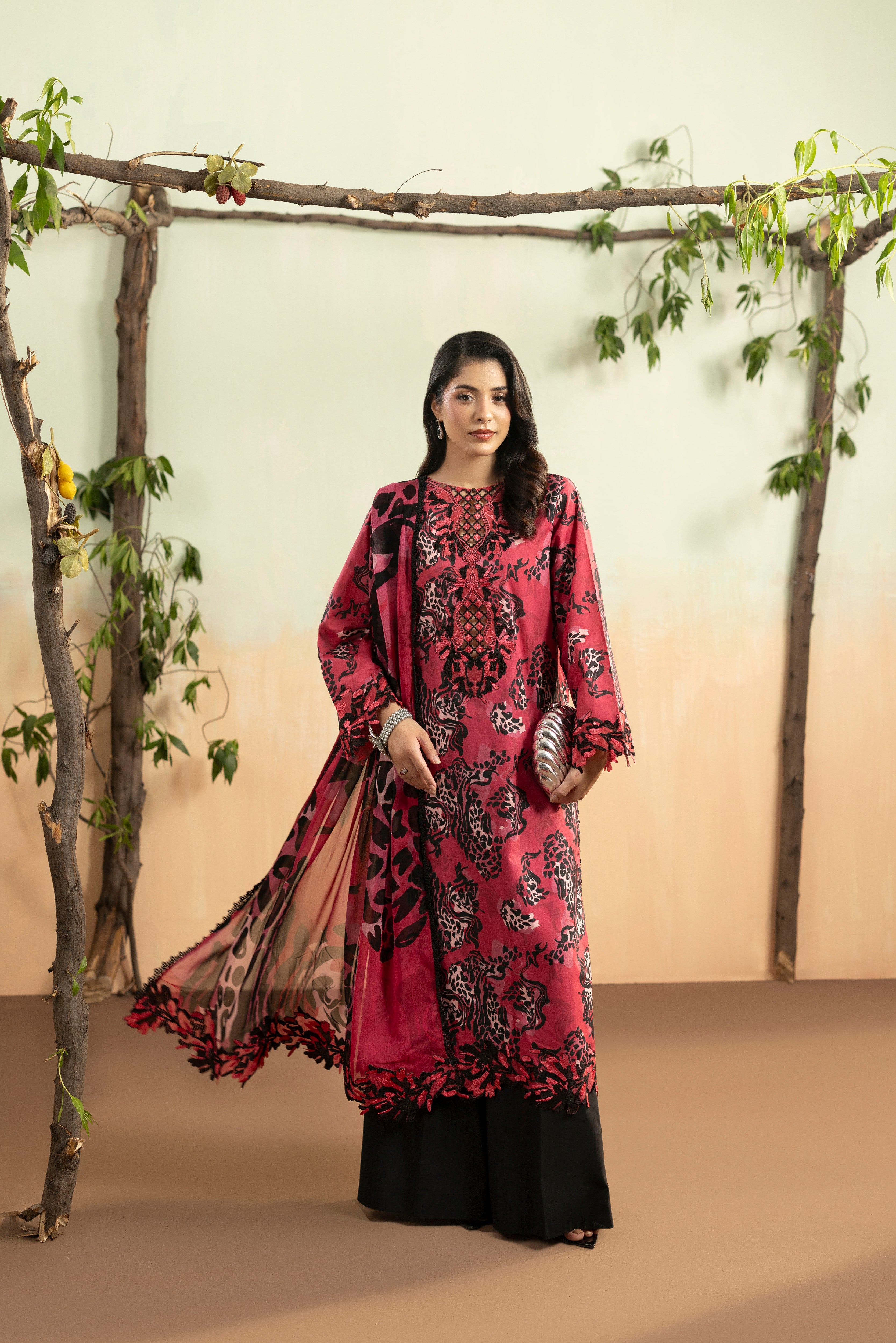 Aneelas Same Viscose Print Emb 3pc Chiffon Duppata [VC-26-12-B-A] [Dispatch Time 2 Months]