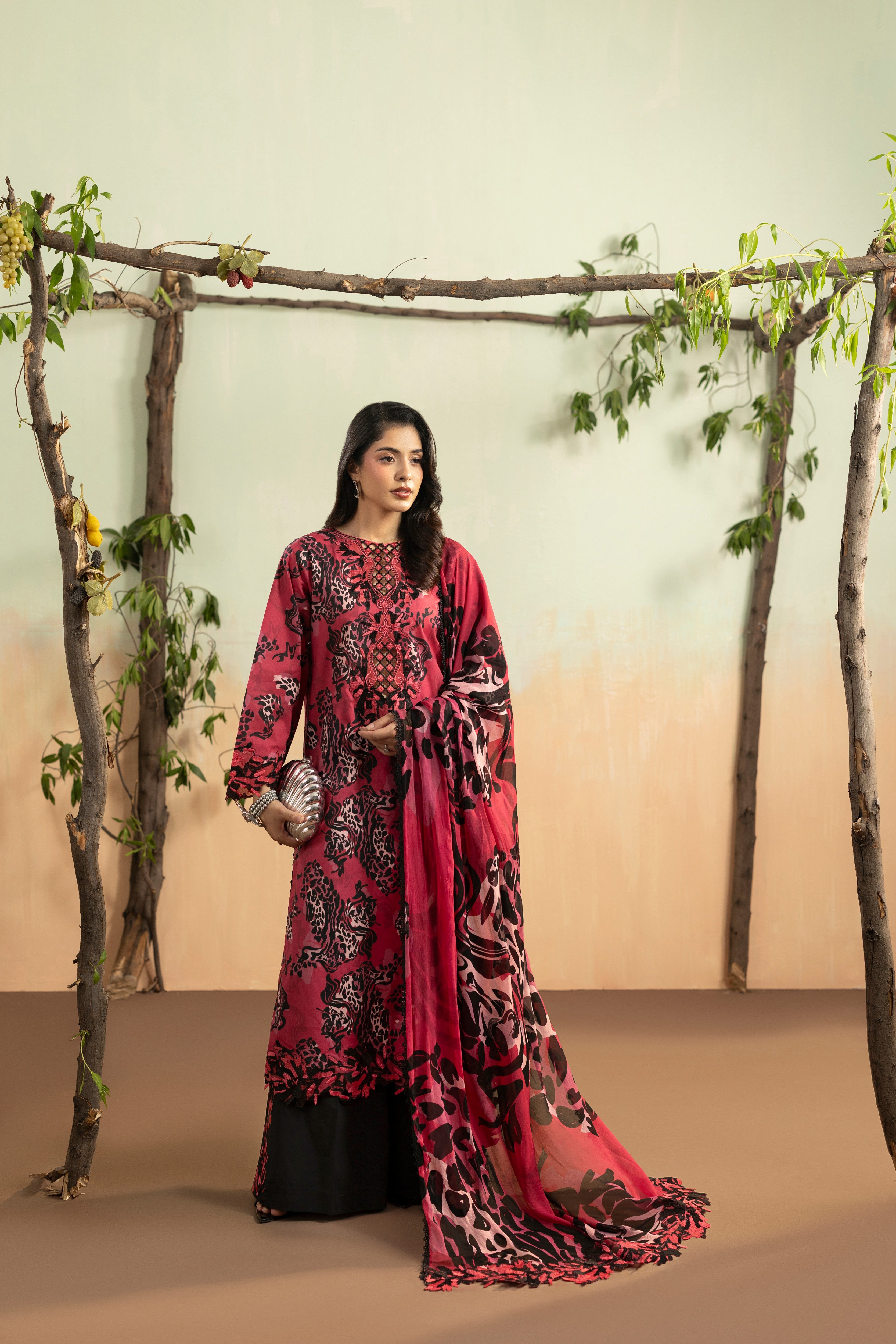 Aneelas Same Viscose Print Emb 3pc Silk Duppata [VC-26-12-A-A] [Dispatch Time 2 Months]