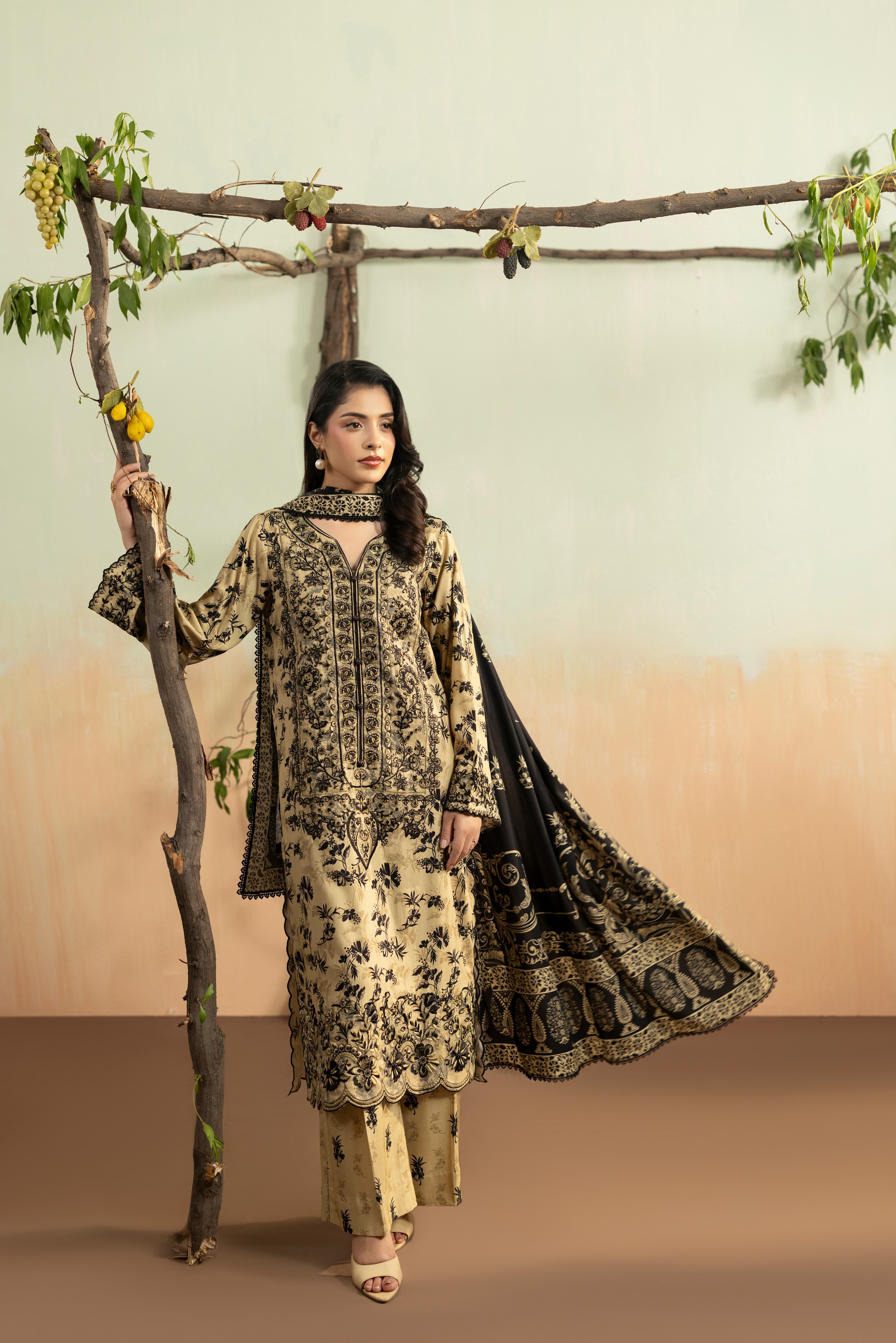 Aneelas Viscose Print Emb 3pc Chiffon Duppata [VC-26-18-B] [Dispatch Time 2 Month]