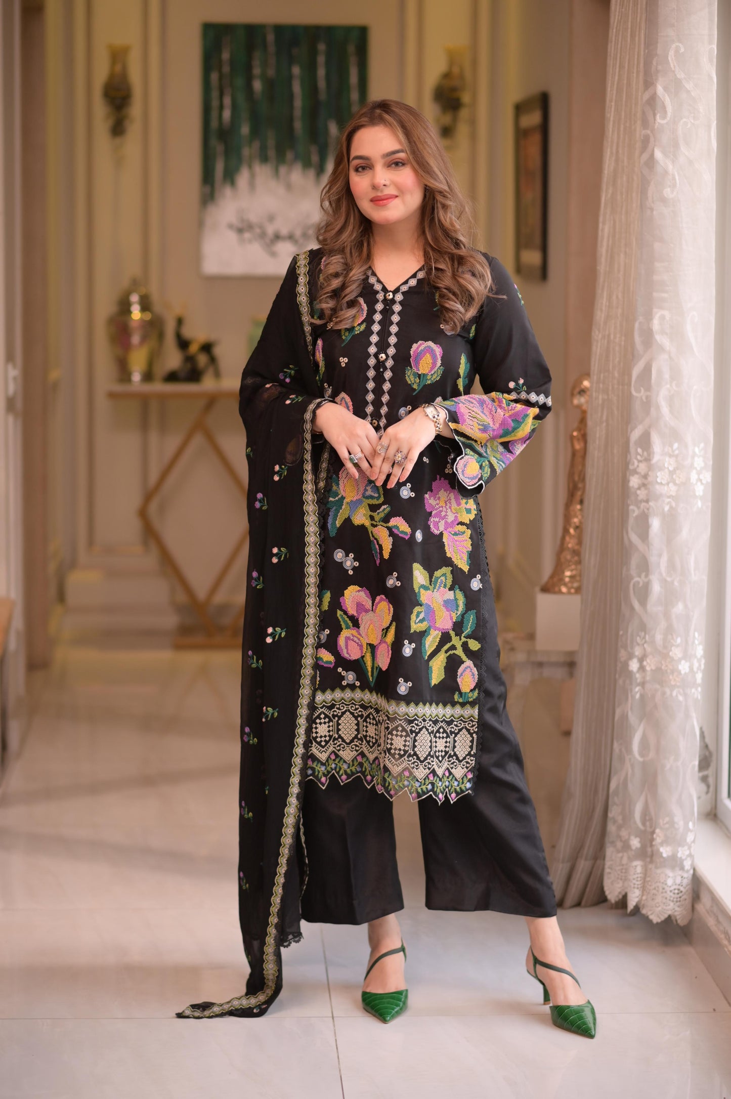 Rs 11500 Aneelas Stitched Karandi Emb Shirt Trouser 2pc [KR-05] [Dispatch Time 2 Months]