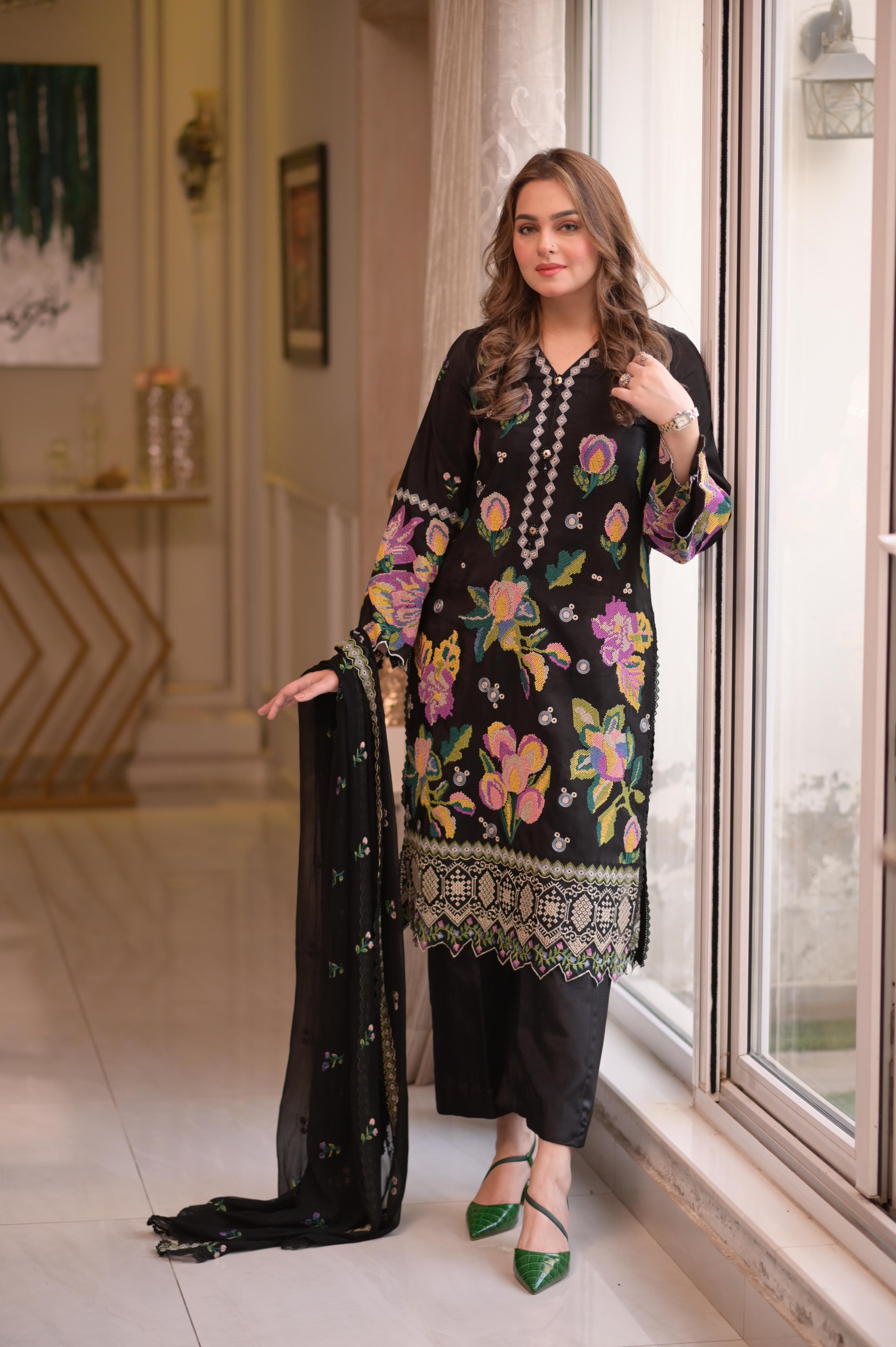 Rs 16500 Aneelas Stitched Karandi Chiffon Emb Duppata 3pc [KR-05] [Dispatch Time 2 Months]