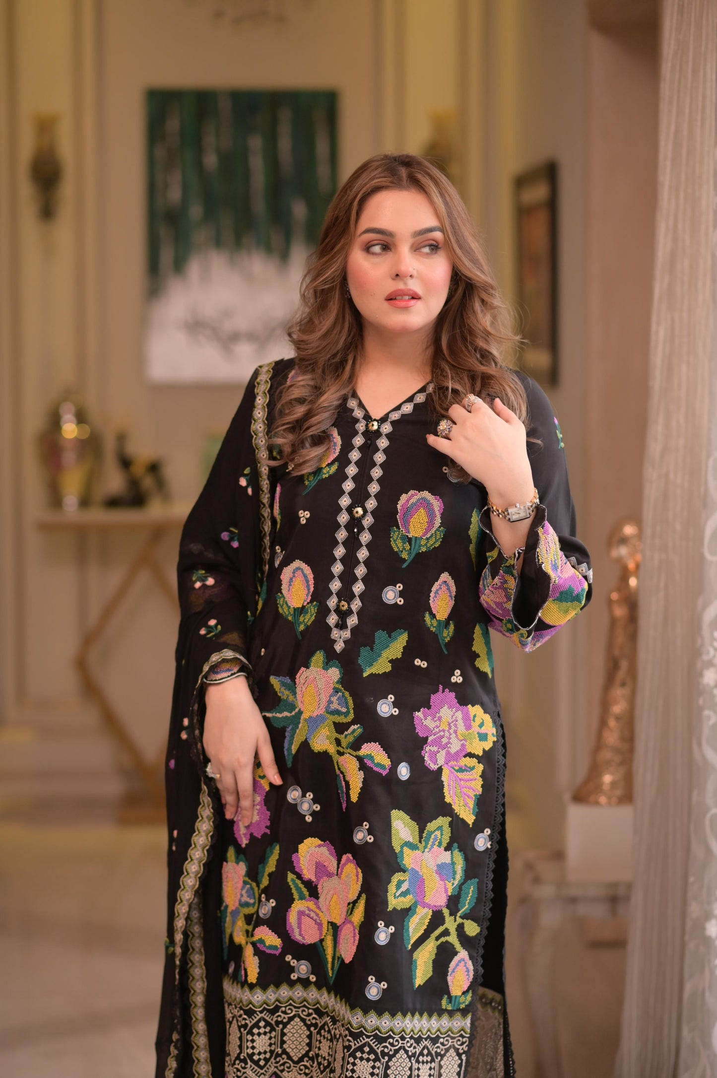 Rs 16500 Aneelas Stitched Karandi Chiffon Emb Duppata 3pc [KR-05] [Dispatch Time 2 Months]