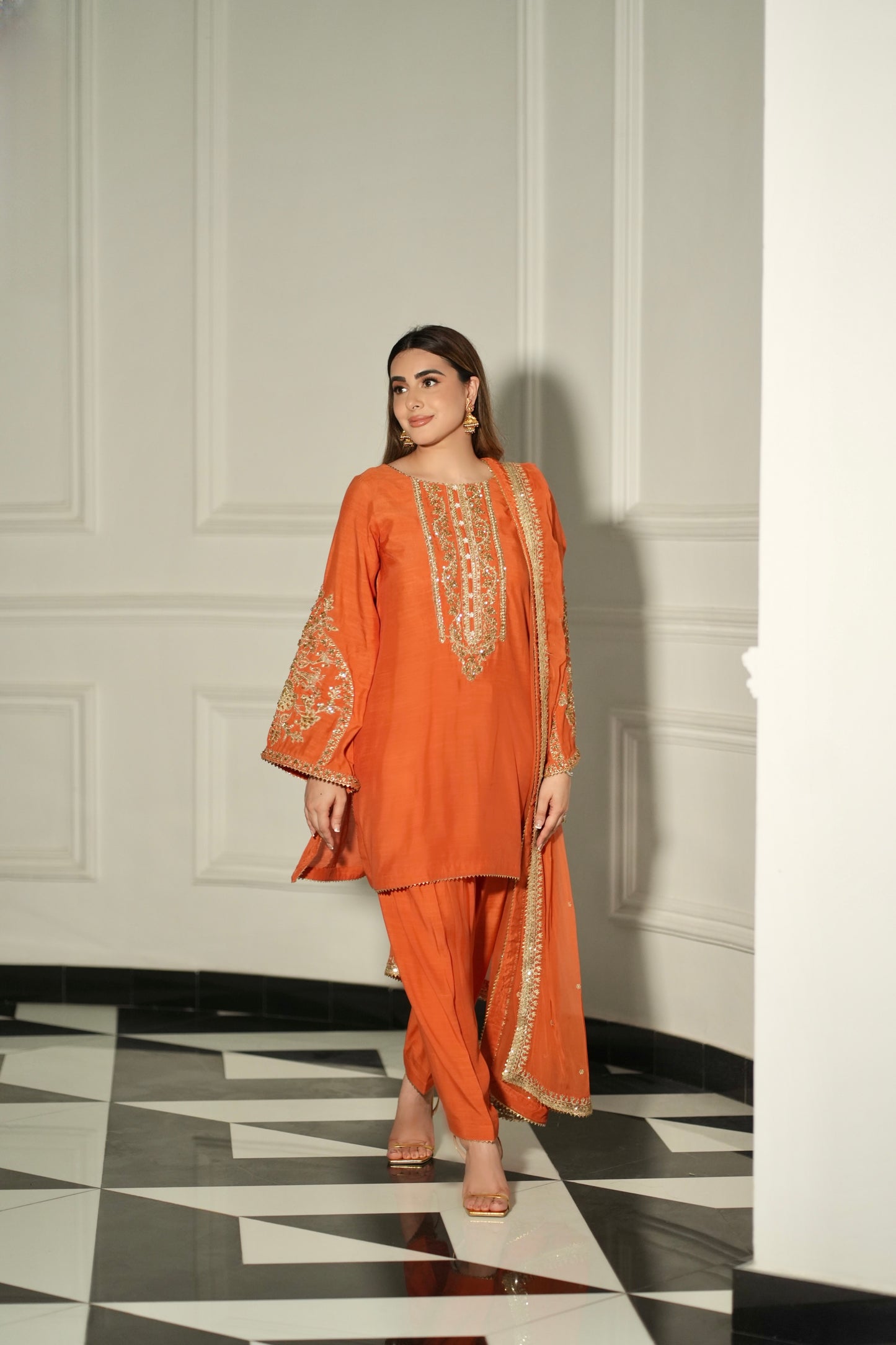 Rs 18500 Aneelas Stitched Raw Silk Shirt Trouser Chiffon Duppata 3pc [RS-01] [Dispatch Time 2 Months]