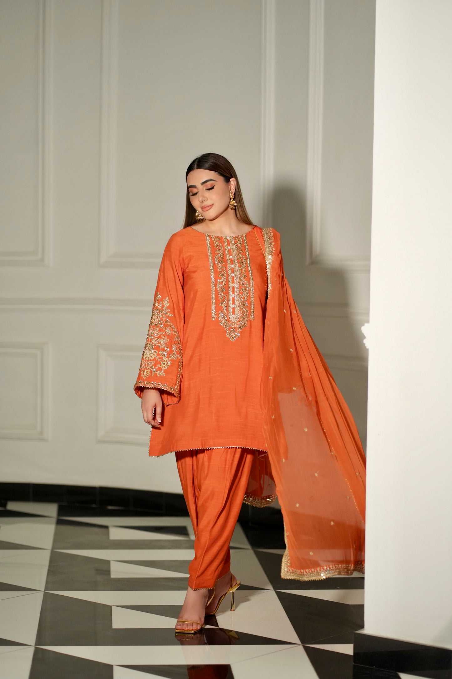 Rs 18500 Aneelas Stitched Raw Silk Shirt Trouser Chiffon Duppata 3pc [RS-01] [Dispatch Time 2 Months]
