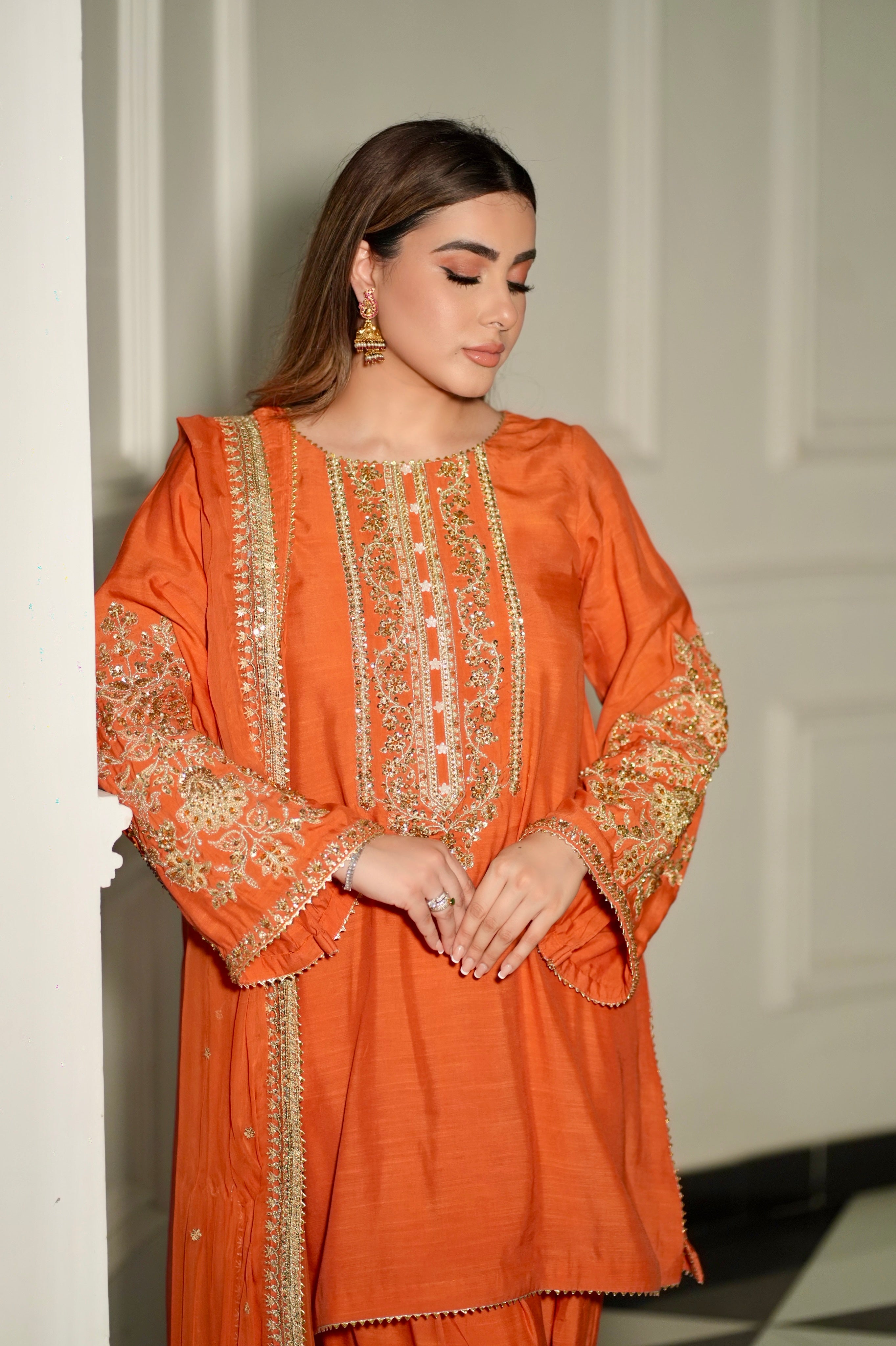 Rs 18500 Aneelas Stitched Raw Silk Shirt Trouser Chiffon Duppata 3pc [RS-01] [Dispatch Time 2 Months]