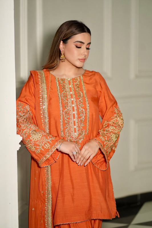 Rs 18500 Aneelas Stitched Raw Silk Shirt Trouser Chiffon Duppata 3pc [RS-01] [Dispatch Time 2 Months]