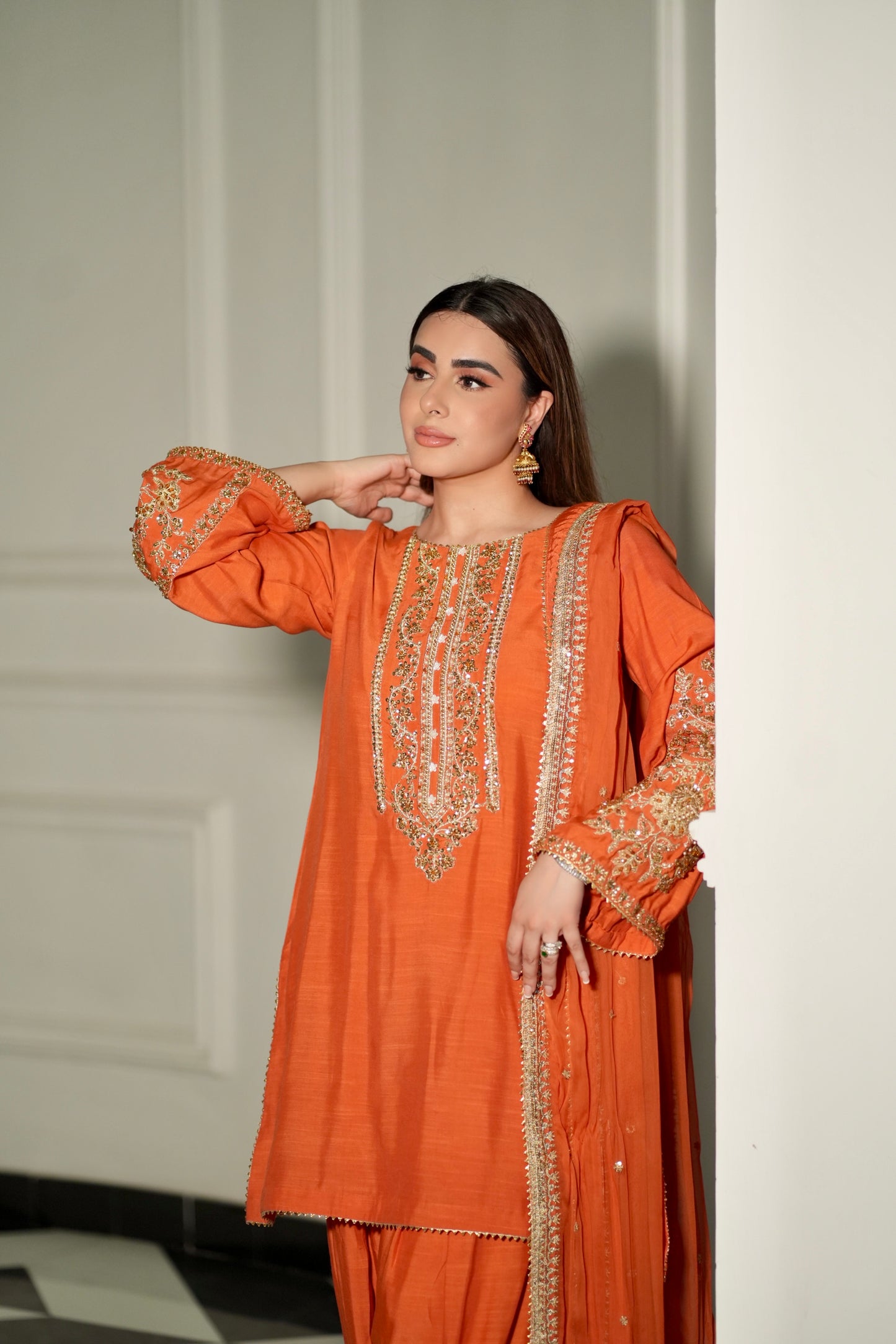 Rs 18500 Aneelas Stitched Raw Silk Shirt Trouser Chiffon Duppata 3pc [RS-01] [Dispatch Time 2 Months]