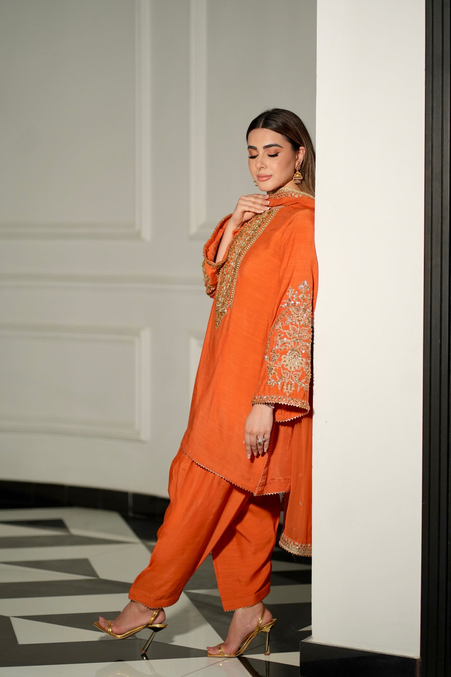 Rs 18500 Aneelas Stitched Raw Silk Shirt Trouser Chiffon Duppata 3pc [RS-01] [Dispatch Time 2 Months]