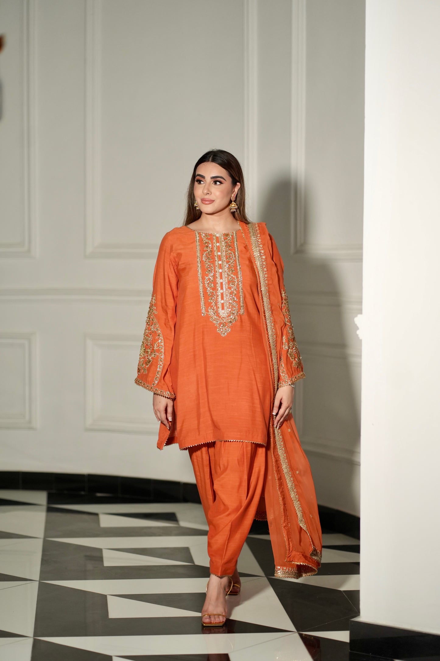 Rs 18500 Aneelas Stitched Raw Silk Shirt Trouser Chiffon Duppata 3pc [RS-01] [Dispatch Time 2 Months]