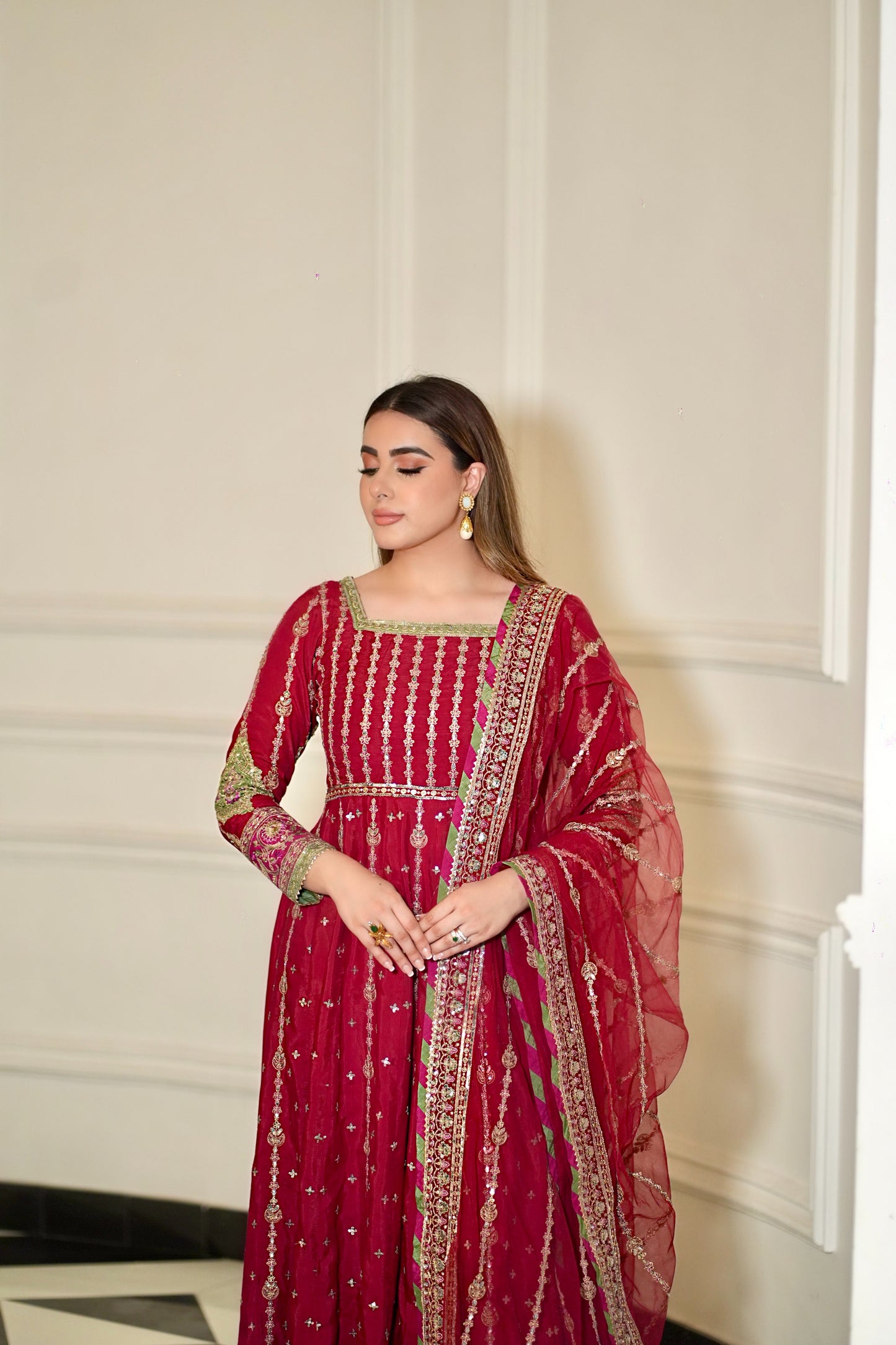 Rs 23500 Aneelas Stitched Raw Silk Maxi Heavy Net Duppata 3pc [FC-04] [Dispatch Time 2 Months]