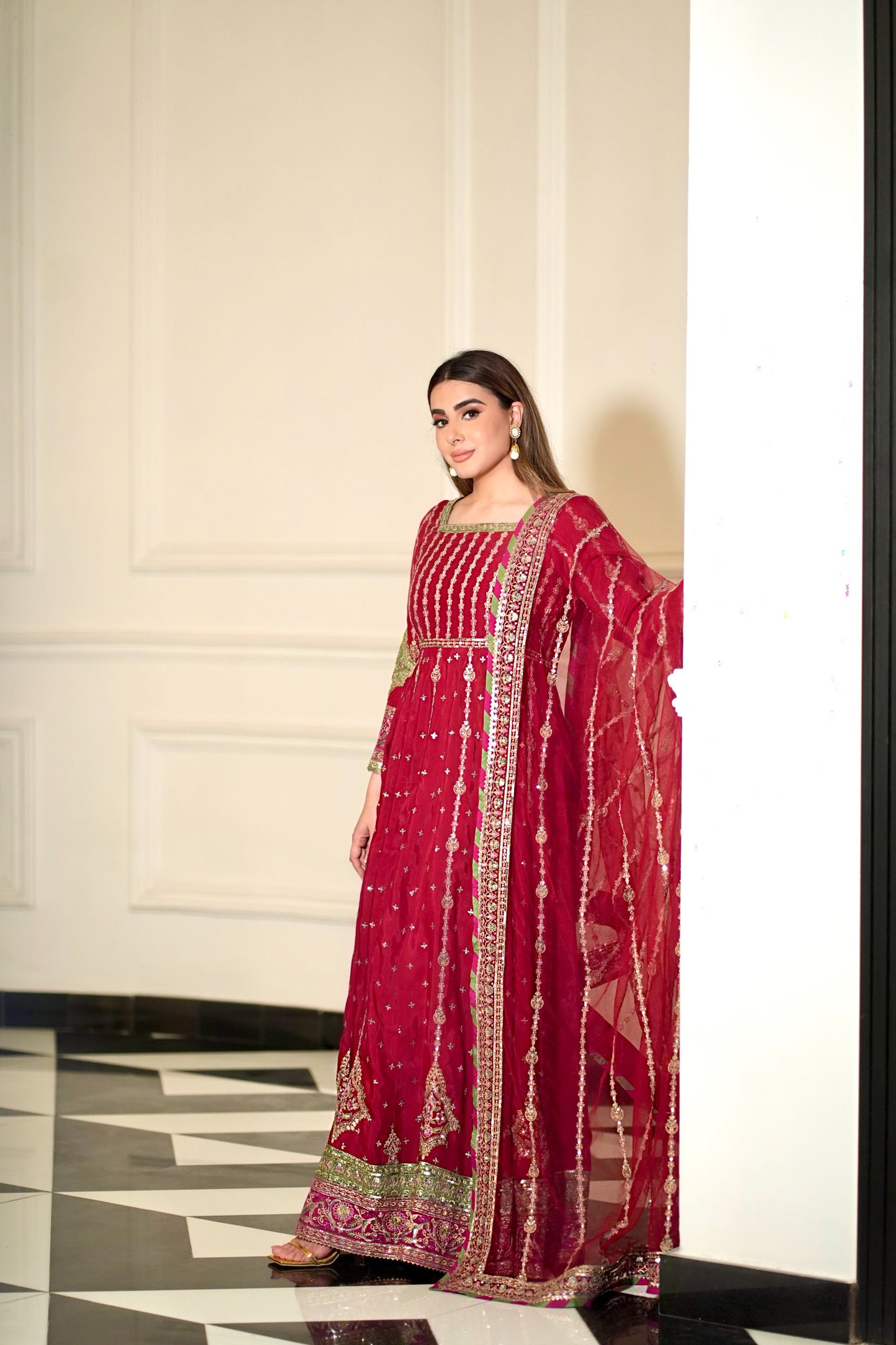 Rs 23500 Aneelas Stitched Raw Silk Maxi Heavy Net Duppata 3pc [FC-04] [Dispatch Time 2 Months]