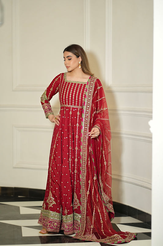 Rs 23500 Aneelas Stitched Raw Silk Maxi Heavy Net Duppata 3pc [FC-04] [Dispatch Time 2 Months]