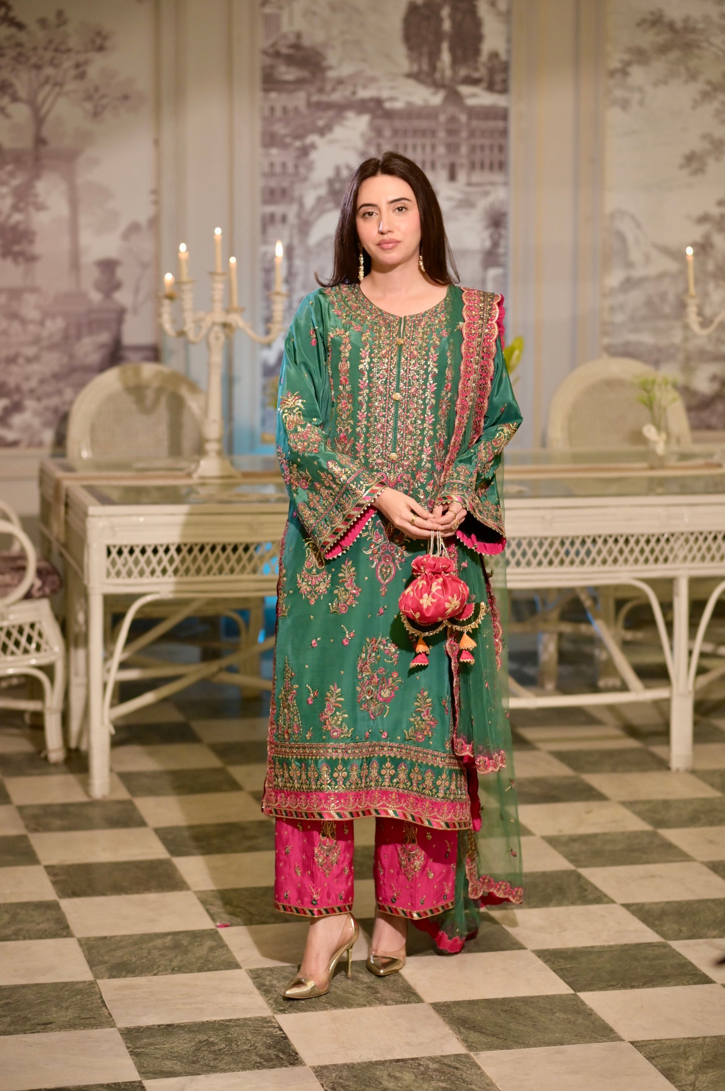 Rs 19500 Aneelas Stitched Sheesha Silk Net Duppata Emb 3pc [Pink Trouser] [EID-03-A] [Dispatch Time 2.5 Months]