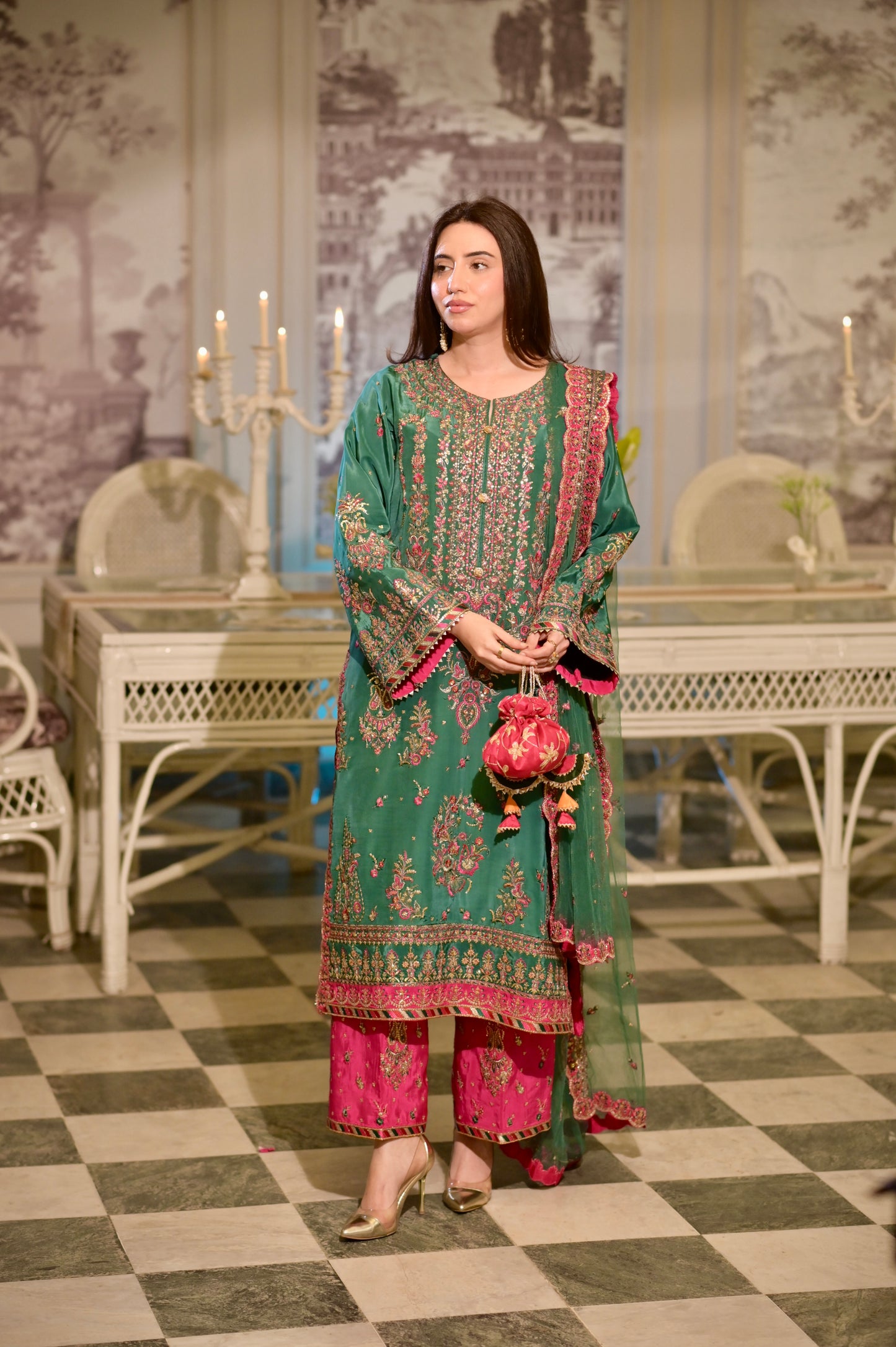 Rs 19500 Aneelas Stitched Sheesha Silk Net Duppata Emb 3pc [Pink Trouser] [EID-03-A] [Dispatch Time 2.5 Months]