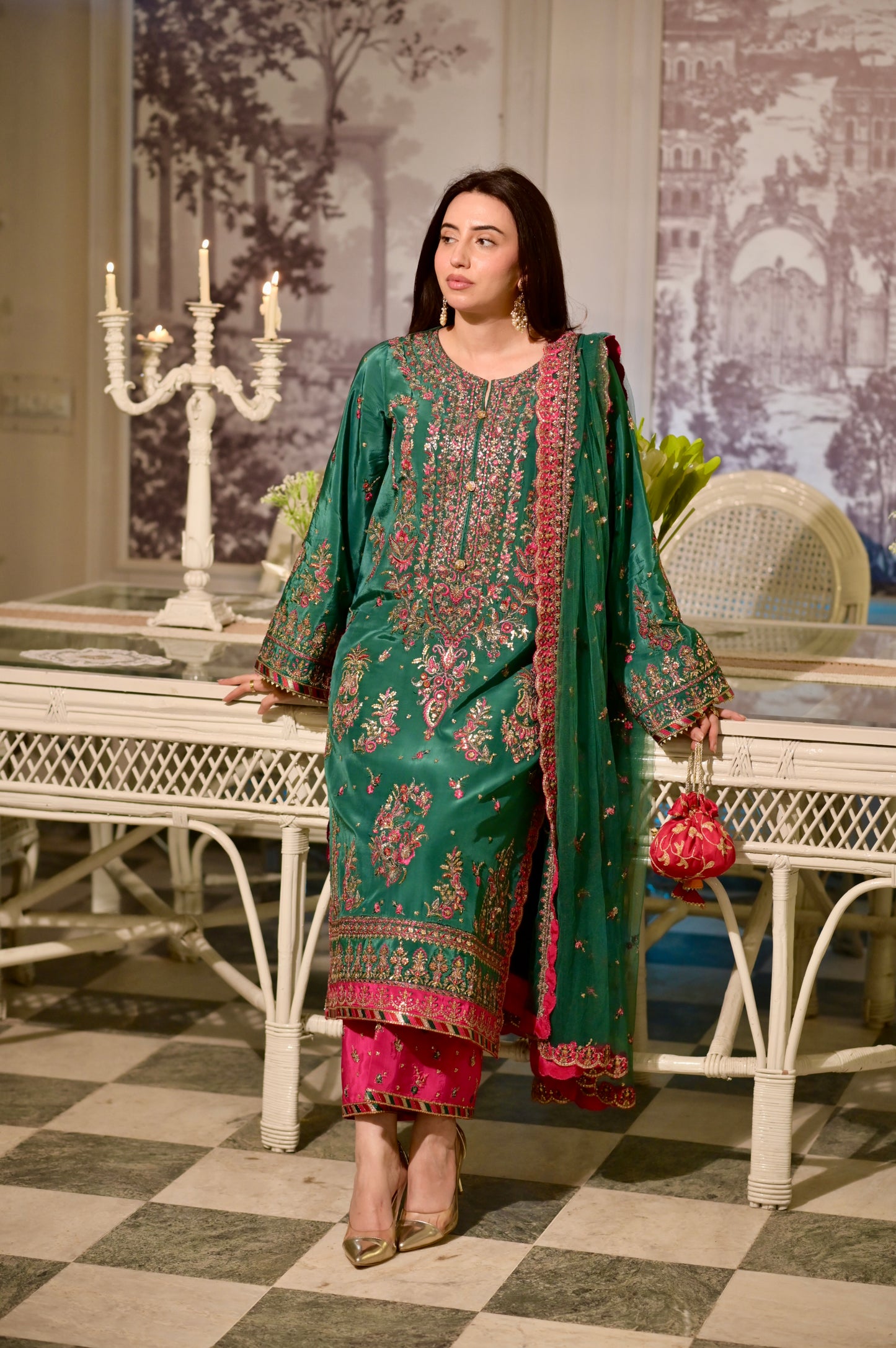 Rs 19500 Aneelas Stitched Sheesha Silk Net Duppata Emb 3pc [Pink Trouser] [EID-03-A] [Dispatch Time 2.5 Months]
