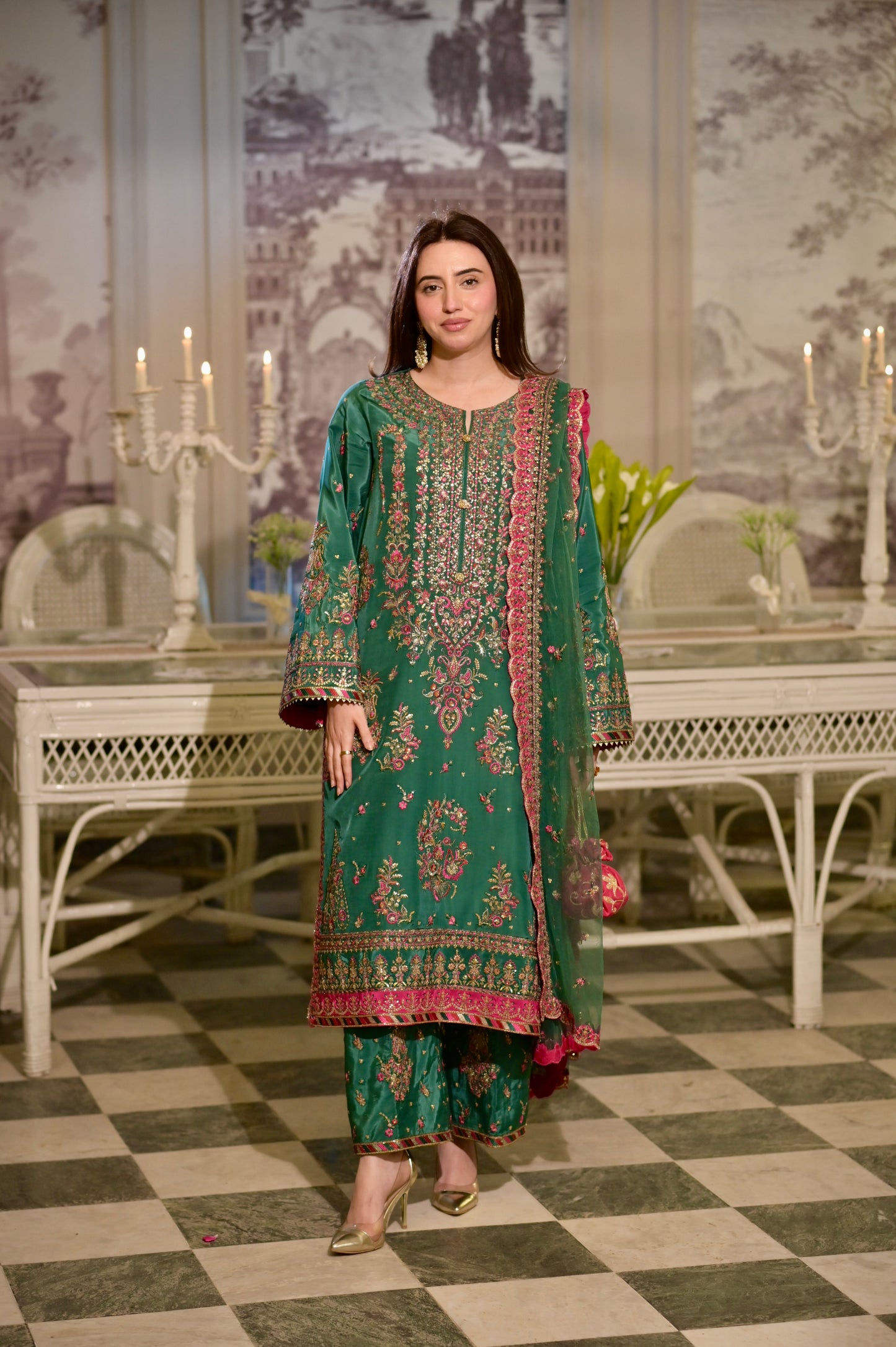 Rs 19500 Aneelas Stitched Sheesha Silk Net Duppata Emb 3pc [Same Trouser] [EID-03-B] [Dispatch Time 2.5 Months]