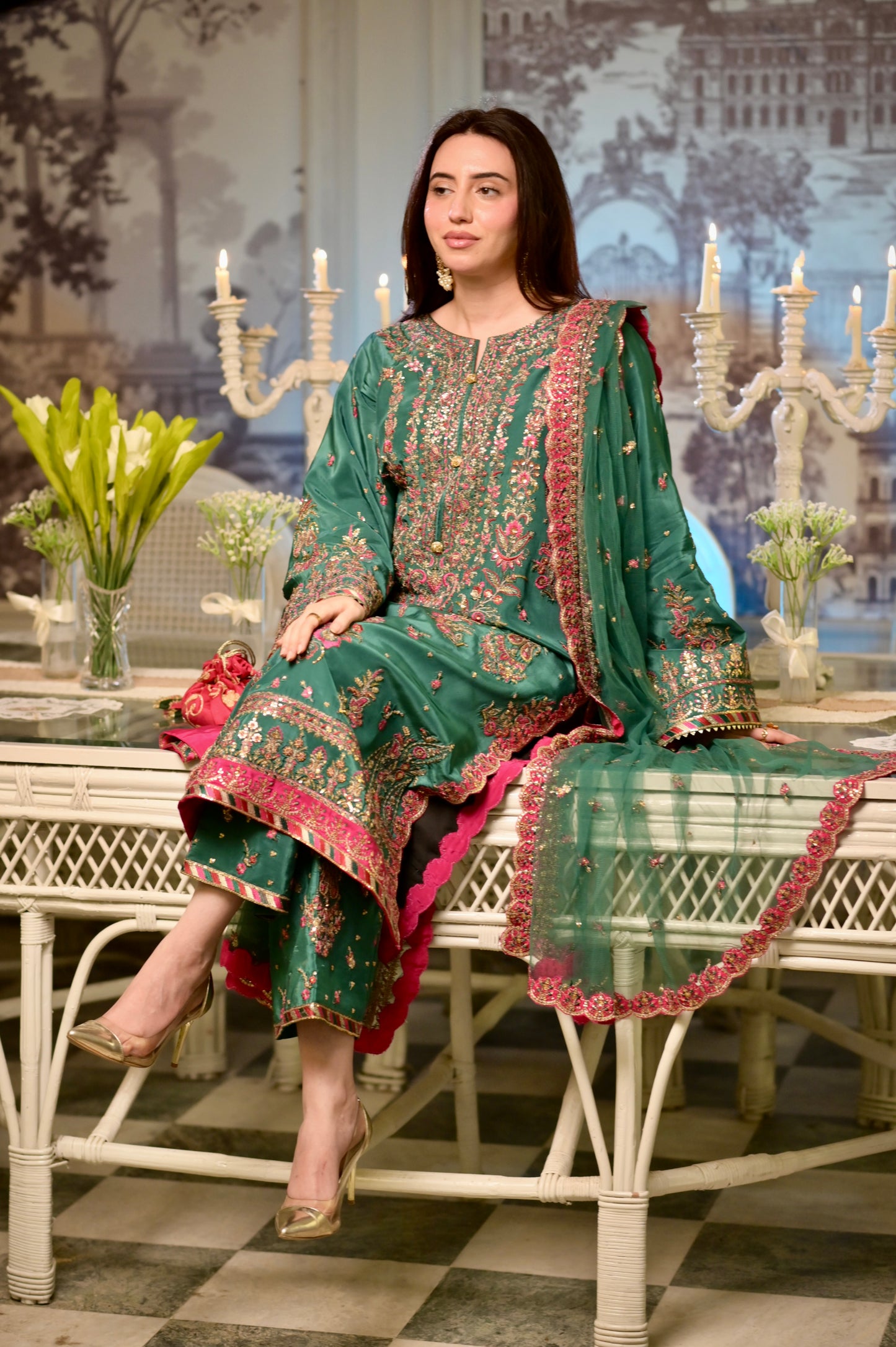 Rs 19500 Aneelas Stitched Sheesha Silk Net Duppata Emb 3pc [Same Trouser] [EID-03-B] [Dispatch Time 2.5 Months]