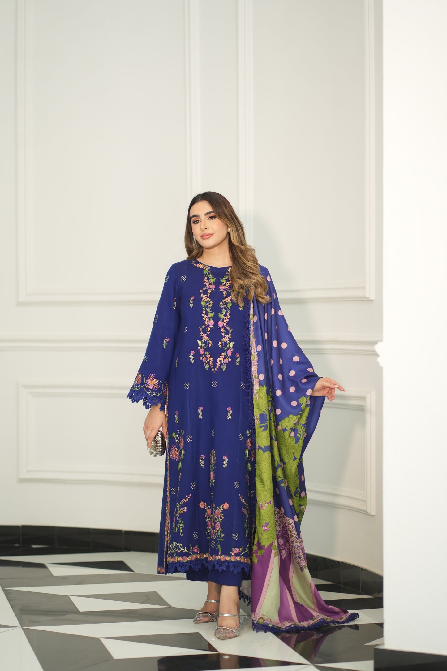 Aneelas Stitched Peach Wool Emb 3pc [PL-02] [Dispatch Time 2 Months]