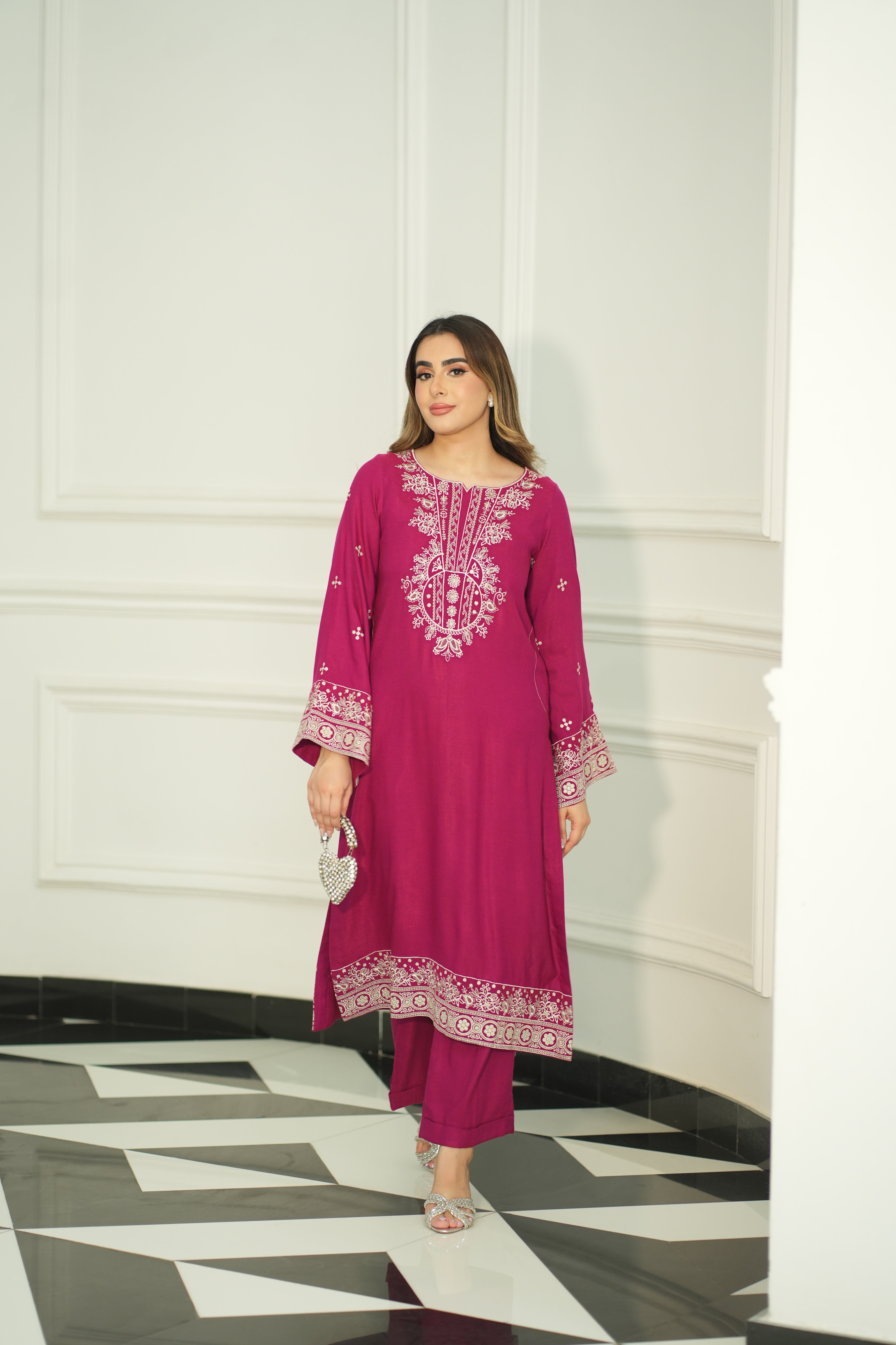 Rs 8700 Aneelas Stitched Peach Wool Emb Front Only [PL-04] [Dispatch Time 2 Months]