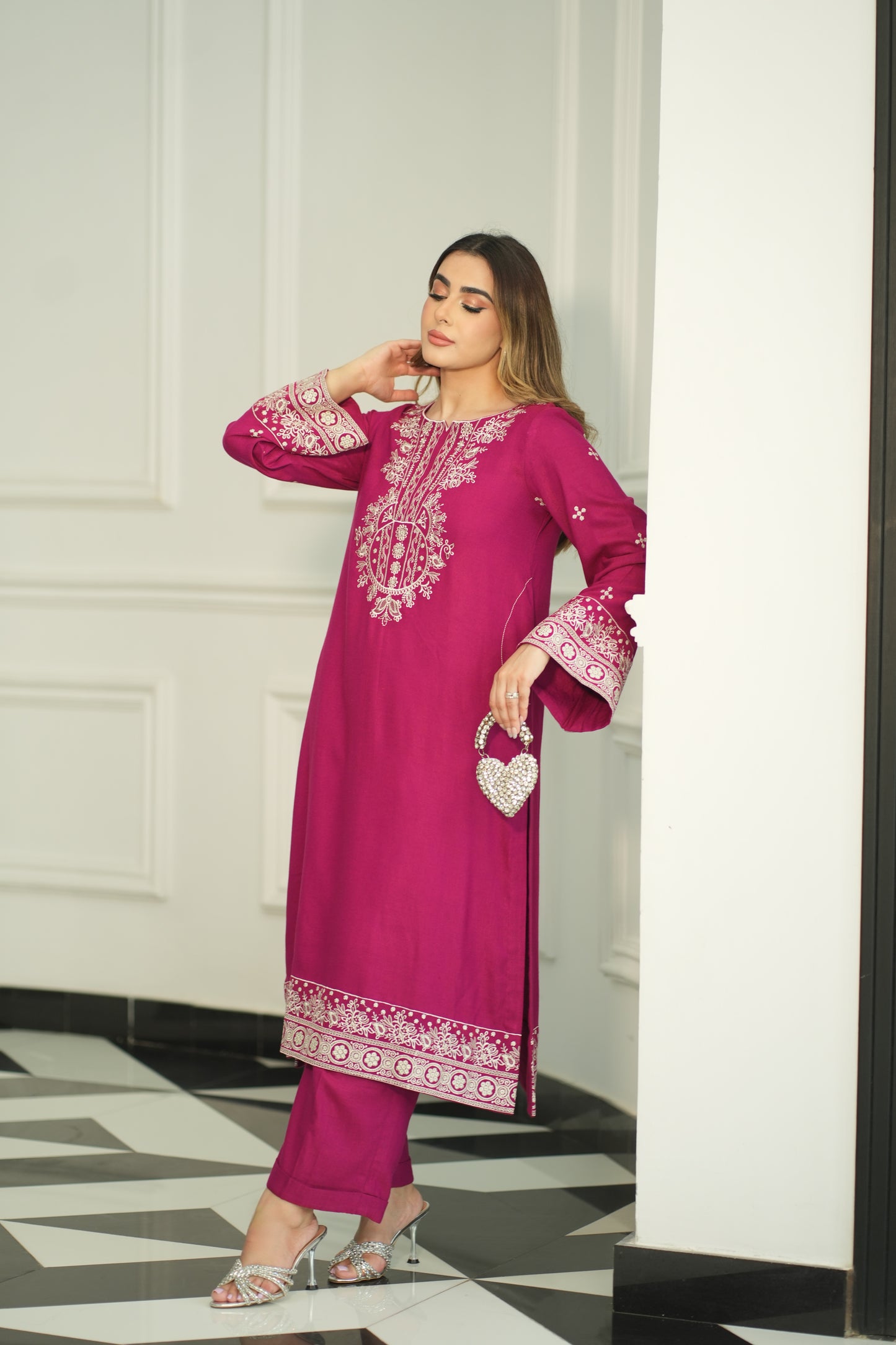 Aneelas Stitched Peach Wool Emb Front Only [PL-04] [Dispatch Time 2 Months]