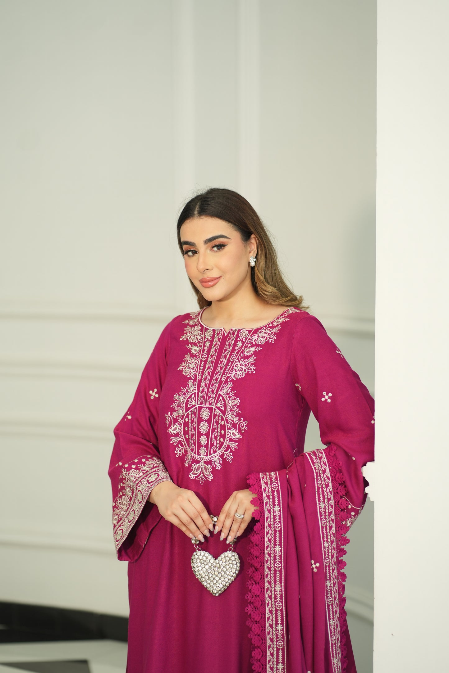 Aneelas Stitched Peach Wool Emb 3pc [PL-04] [Dispatch Time 2 Months]