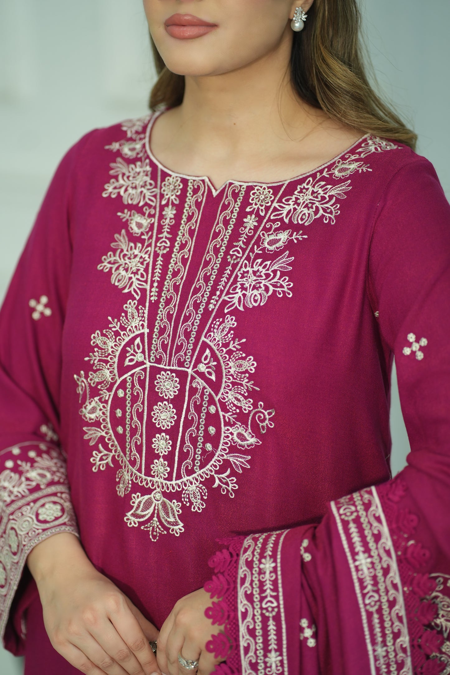 Aneelas Stitched Peach Wool Emb 3pc [PL-04] [Dispatch Time 2 Months]