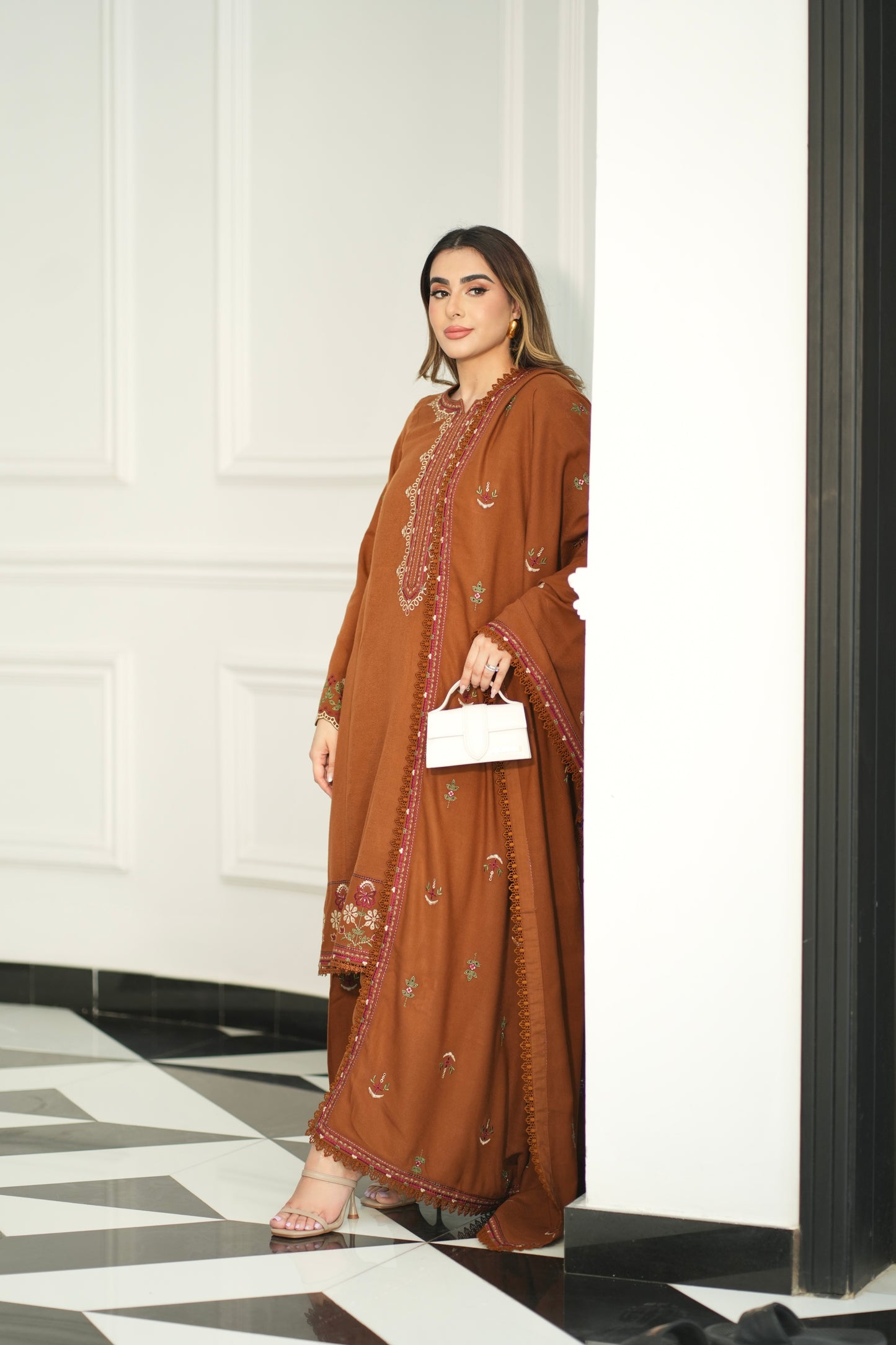 Aneelas Stitched Peach Wool Unstitched Emb Shirt Trouser 2pc [PL-03] [Dispatch Time 2 Months]