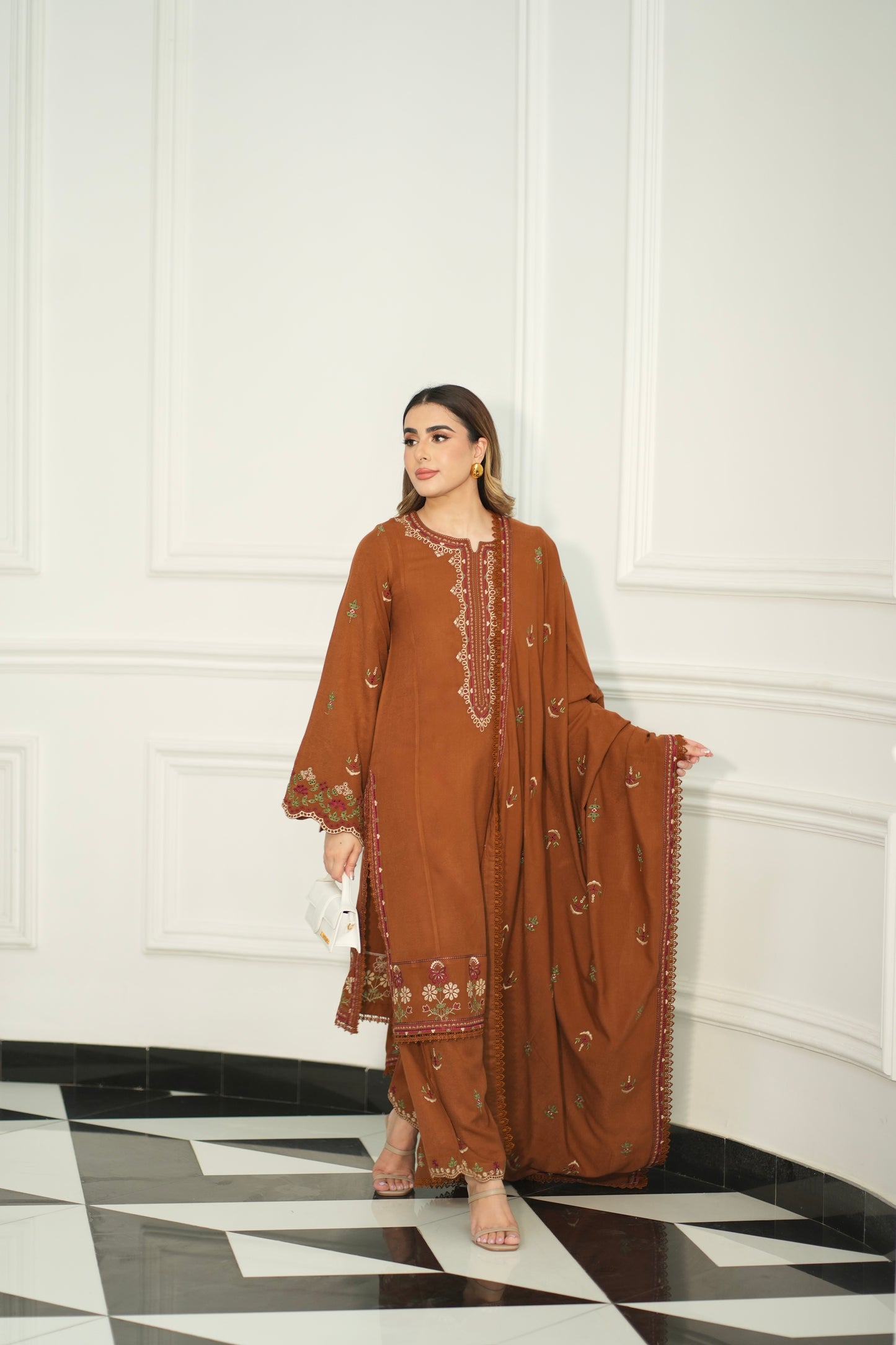 Aneelas Stitched Peach Wool Unstitched Emb Shirt Trouser 2pc [PL-03] [Dispatch Time 2 Months]