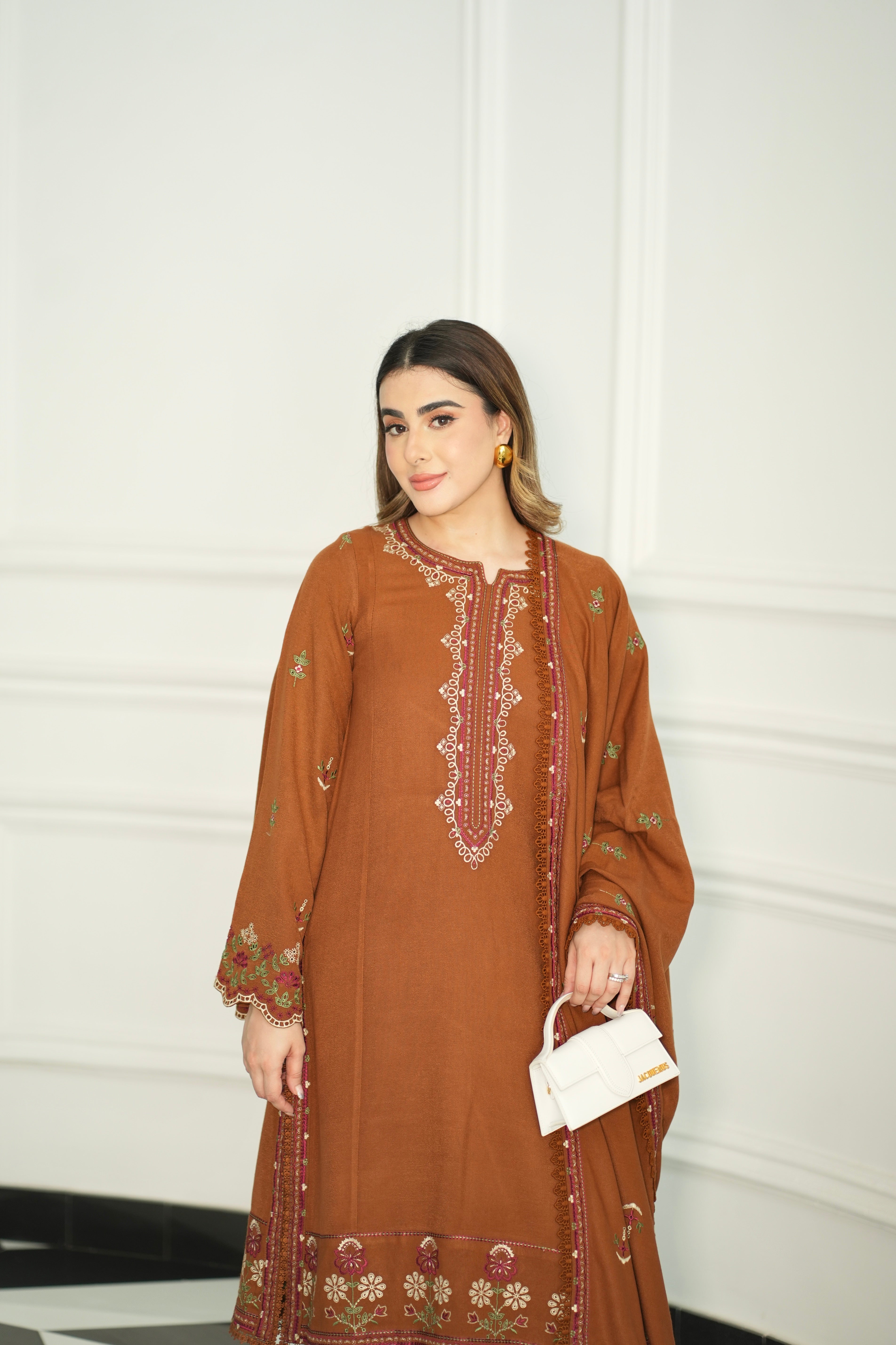Rs 8700 Aneelas Stitched Peach Wool Unstitched Emb Shirt Trouser 2pc [PL-03] [Dispatch Time 2 Months]