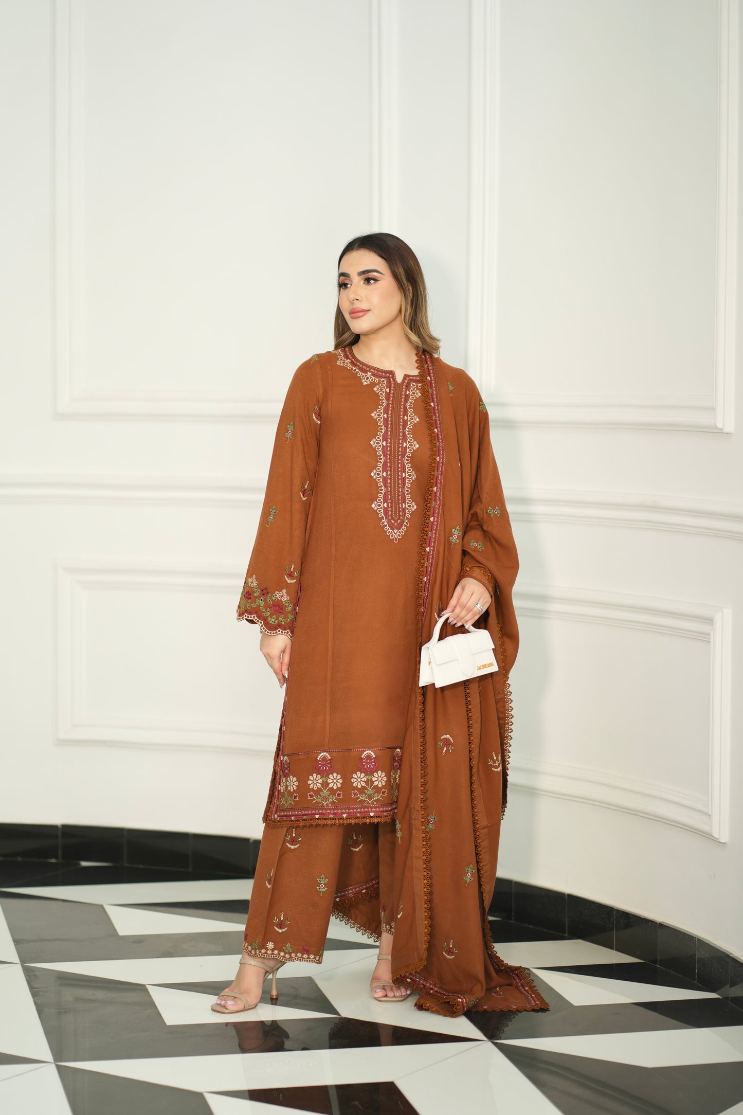 Aneelas Stitched Peach Wool Unstitched Emb Shirt Trouser 2pc [PL-03] [Dispatch Time 2 Months]