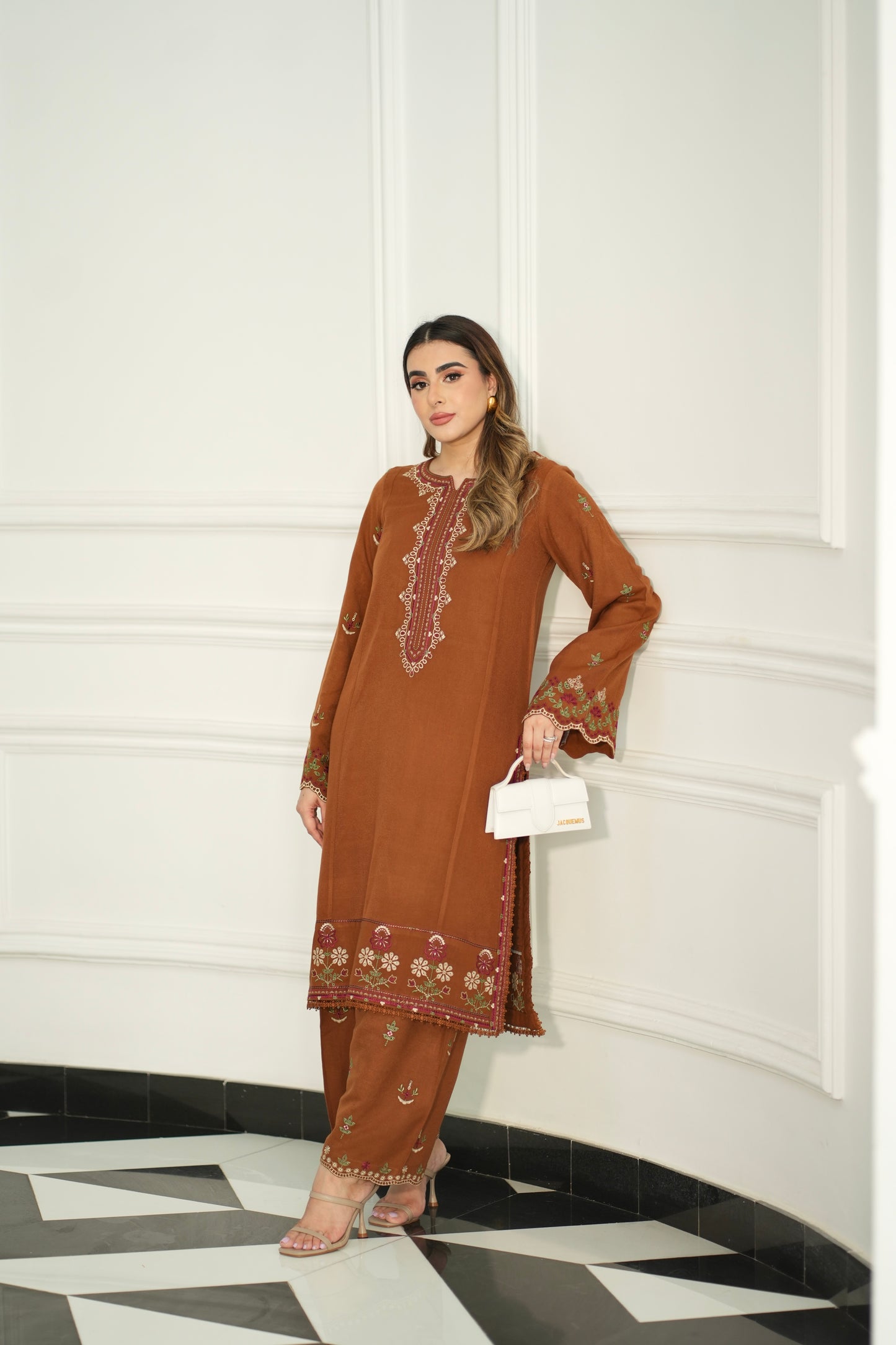 Aneelas Stitched Peach Wool Unstitched Emb Shirt Trouser 2pc [PL-03] [Dispatch Time 2 Months]