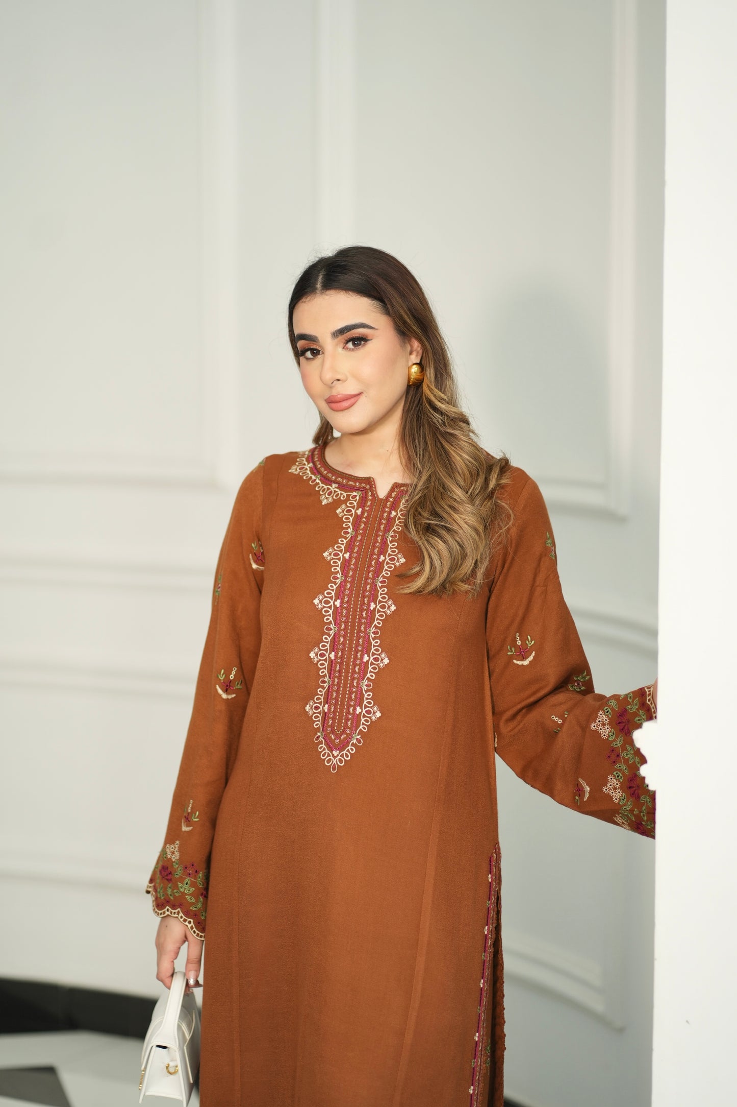 Aneelas Stitched Peach Wool Unstitched Emb Shirt Trouser 2pc [PL-03] [Dispatch Time 2 Months]