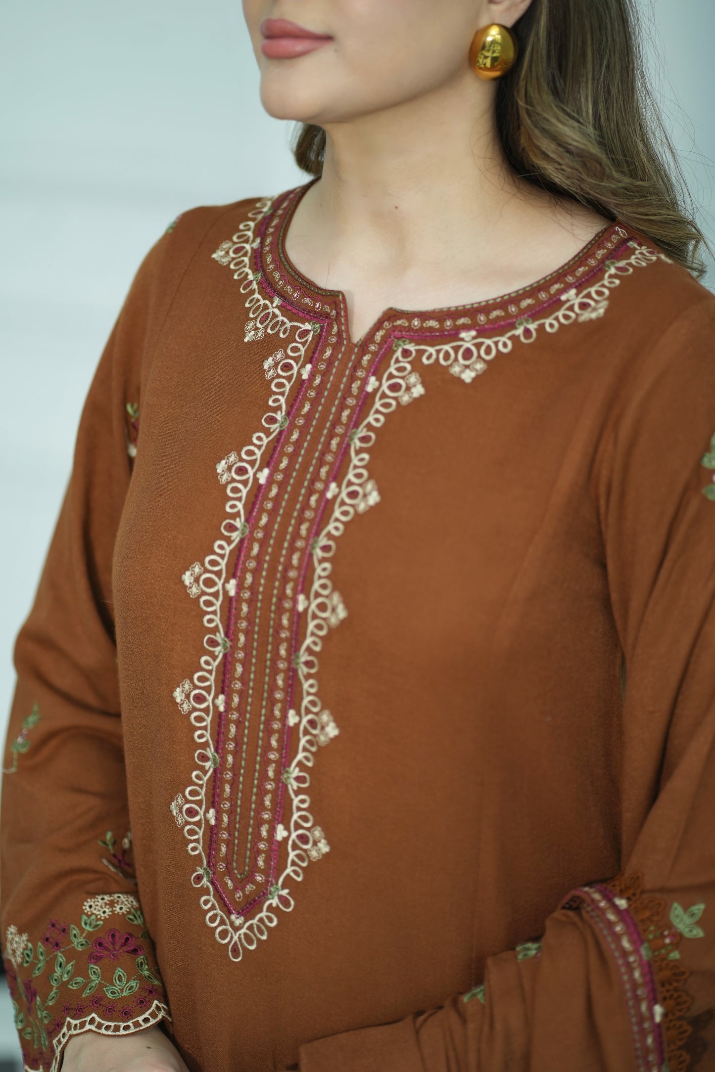 Aneelas Stitched Peach Wool Unstitched Emb Shirt Trouser 2pc [PL-03] [Dispatch Time 2 Months]