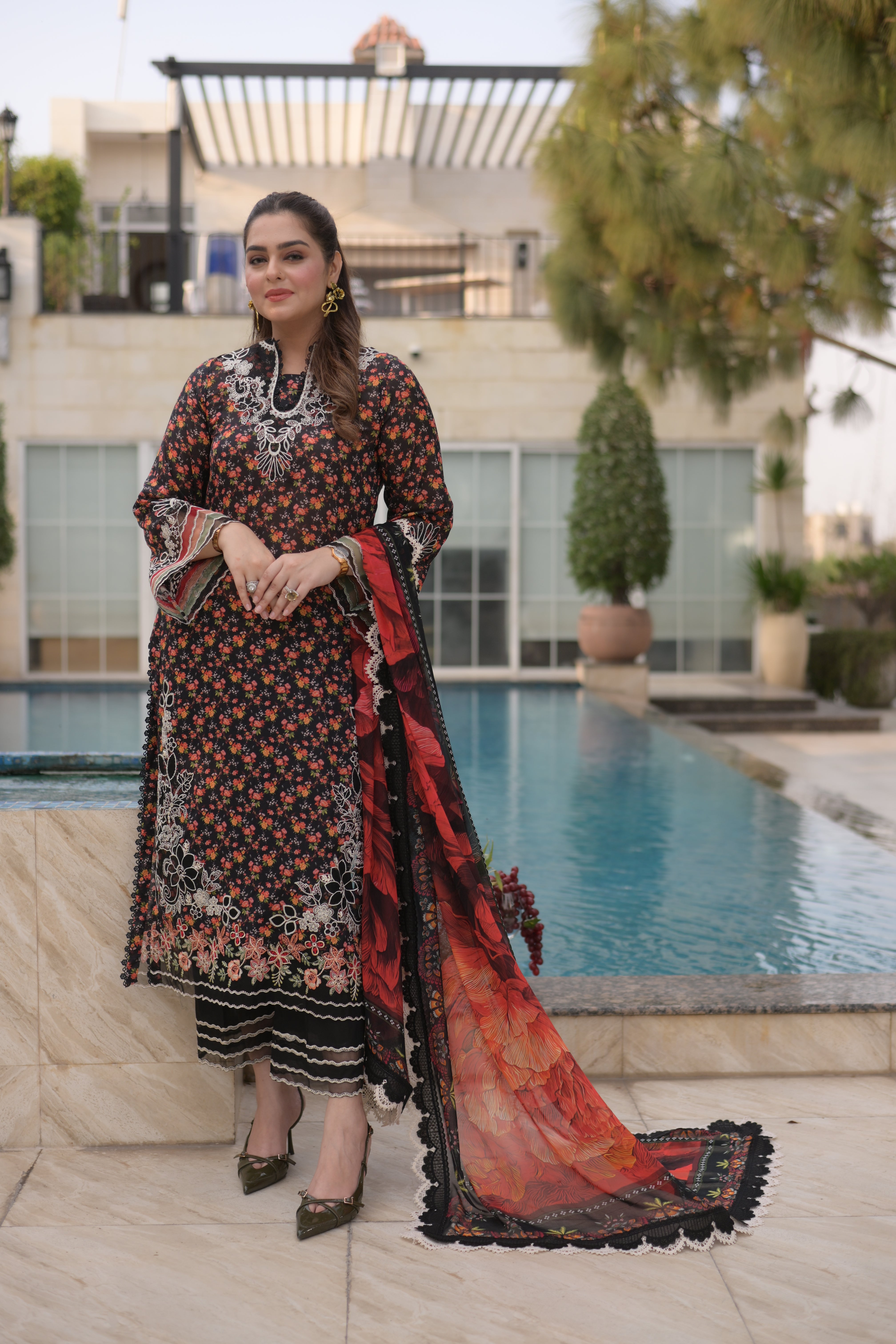 Rs 13000 Aneelas Stitched Lawn Emb Print Chiffon Duppata 3pc [SPR-26-22] [Dispatch Time 2 Month]